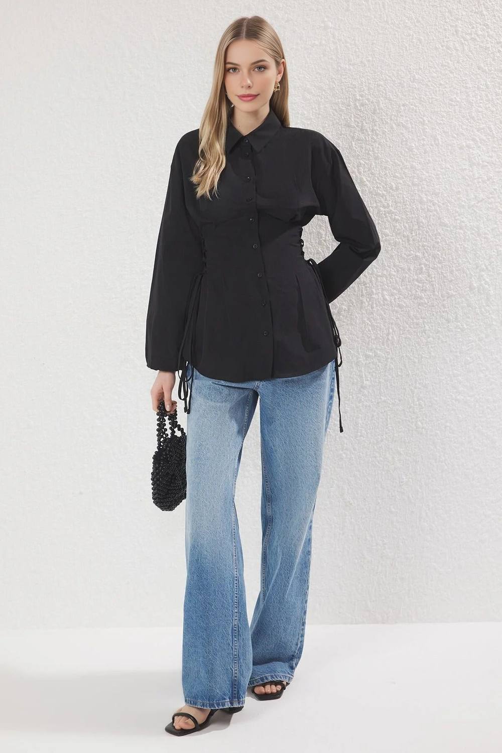 Wovcor Woven Shirt With Waist Tie Detail In Black Wovcor Woven Shirt With Waist Tie Detail In Black
