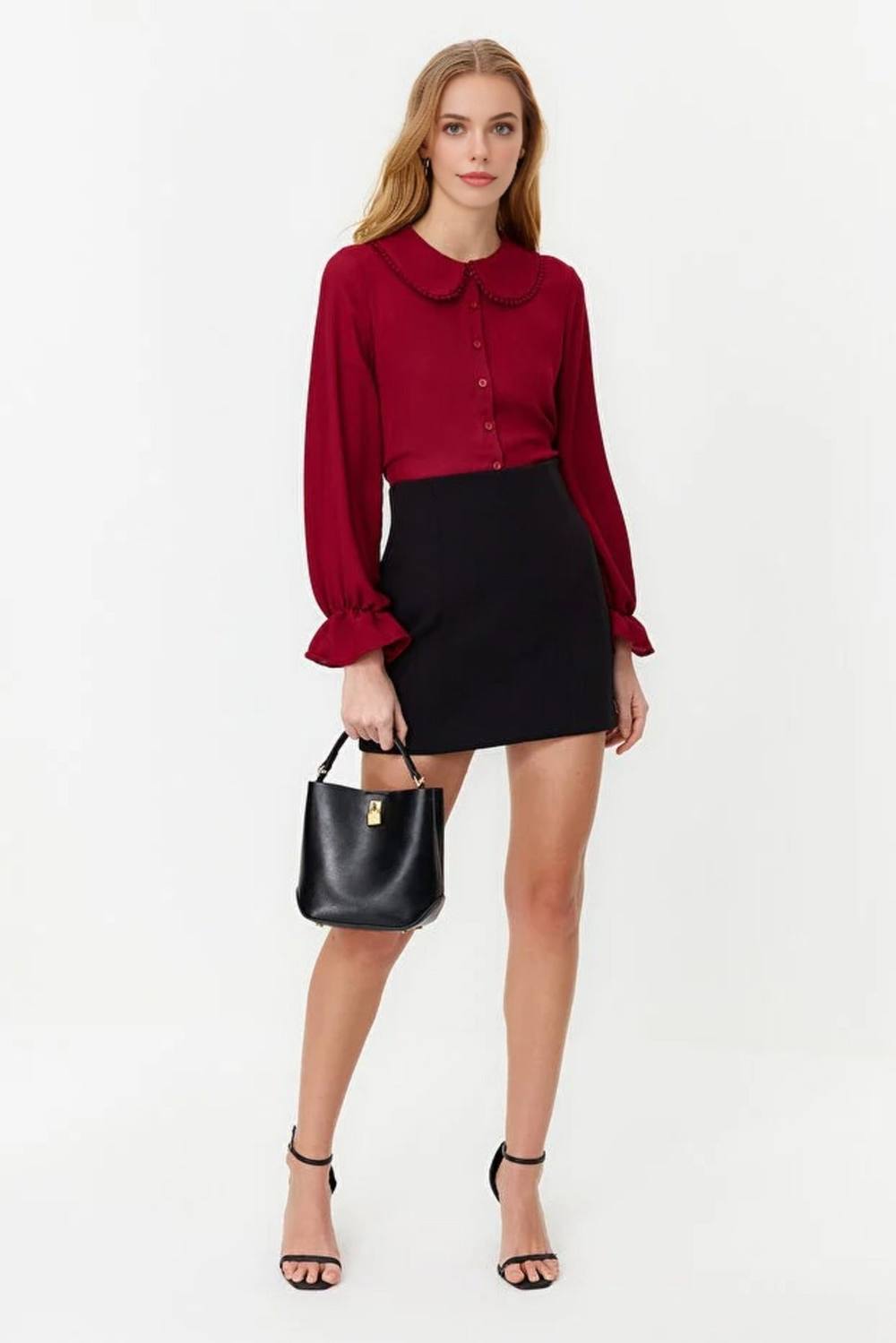 Wovcor Woven Shirt With Baby-Collar And Balloon Sleeves In Burgundy Wovcor Woven Shirt With Baby-Collar And Balloon Sleeves In Burgundy