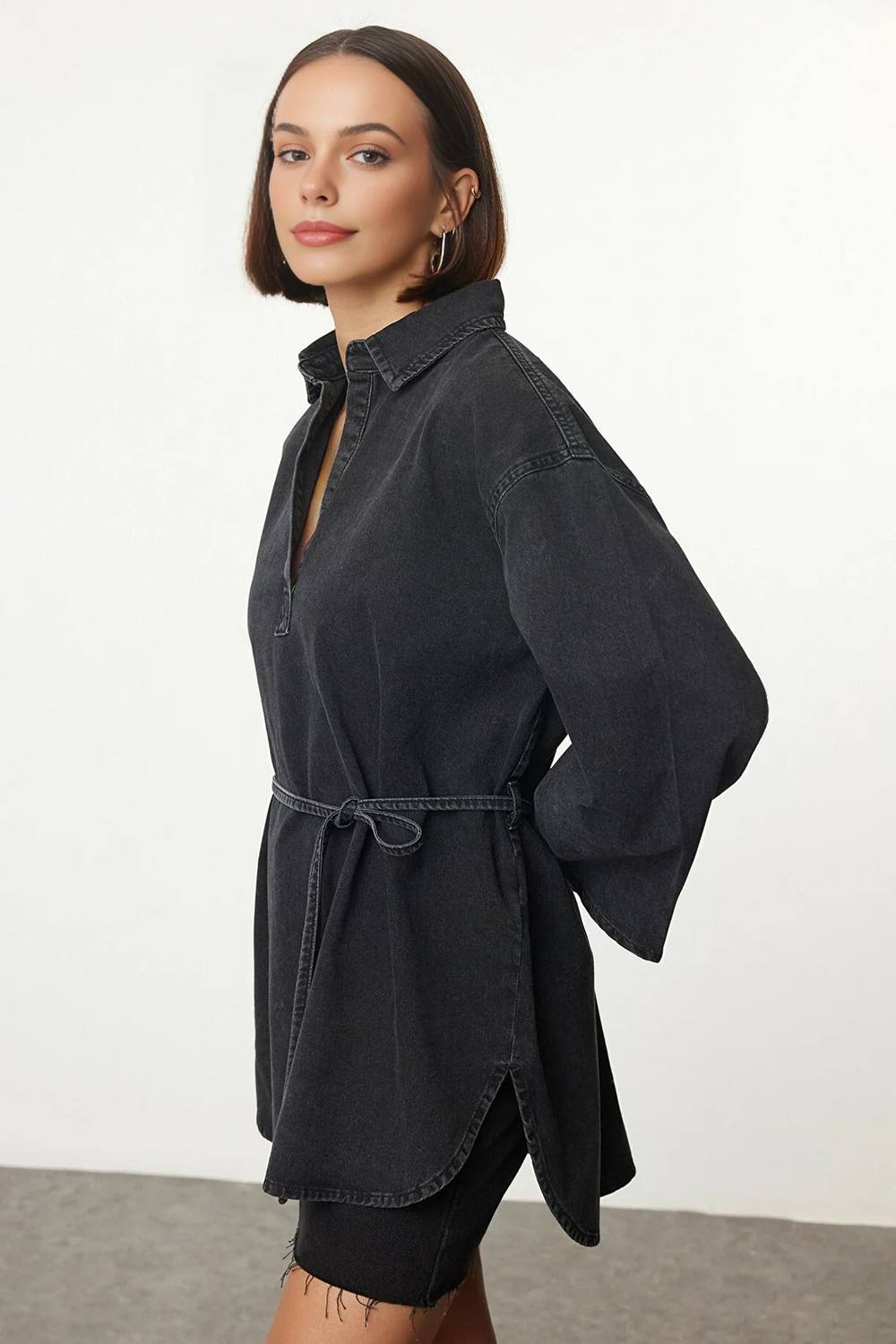 Wovcor Denim Shirt With Tie-Waist Detail In Dark Grey Wovcor Denim Shirt With Tie-Waist Detail In Dark Grey