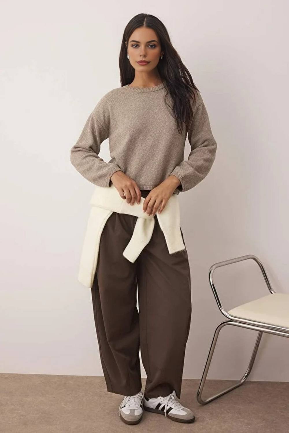 Wovcor Soft Cotton Relaxed Fit Crew Neck Knit Jumper In Taupe Wovcor Soft Cotton Relaxed Fit Crew Neck Knit Jumper In Taupe
