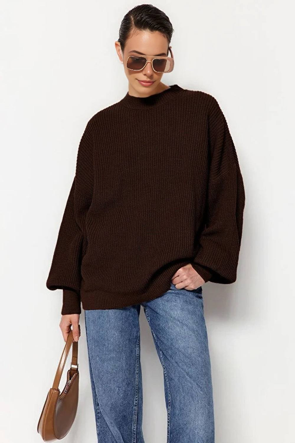 Wovcor High Neck Oversized Textured Knit Jumper In Brown Wovcor High Neck Oversized Textured Knit Jumper In Brown