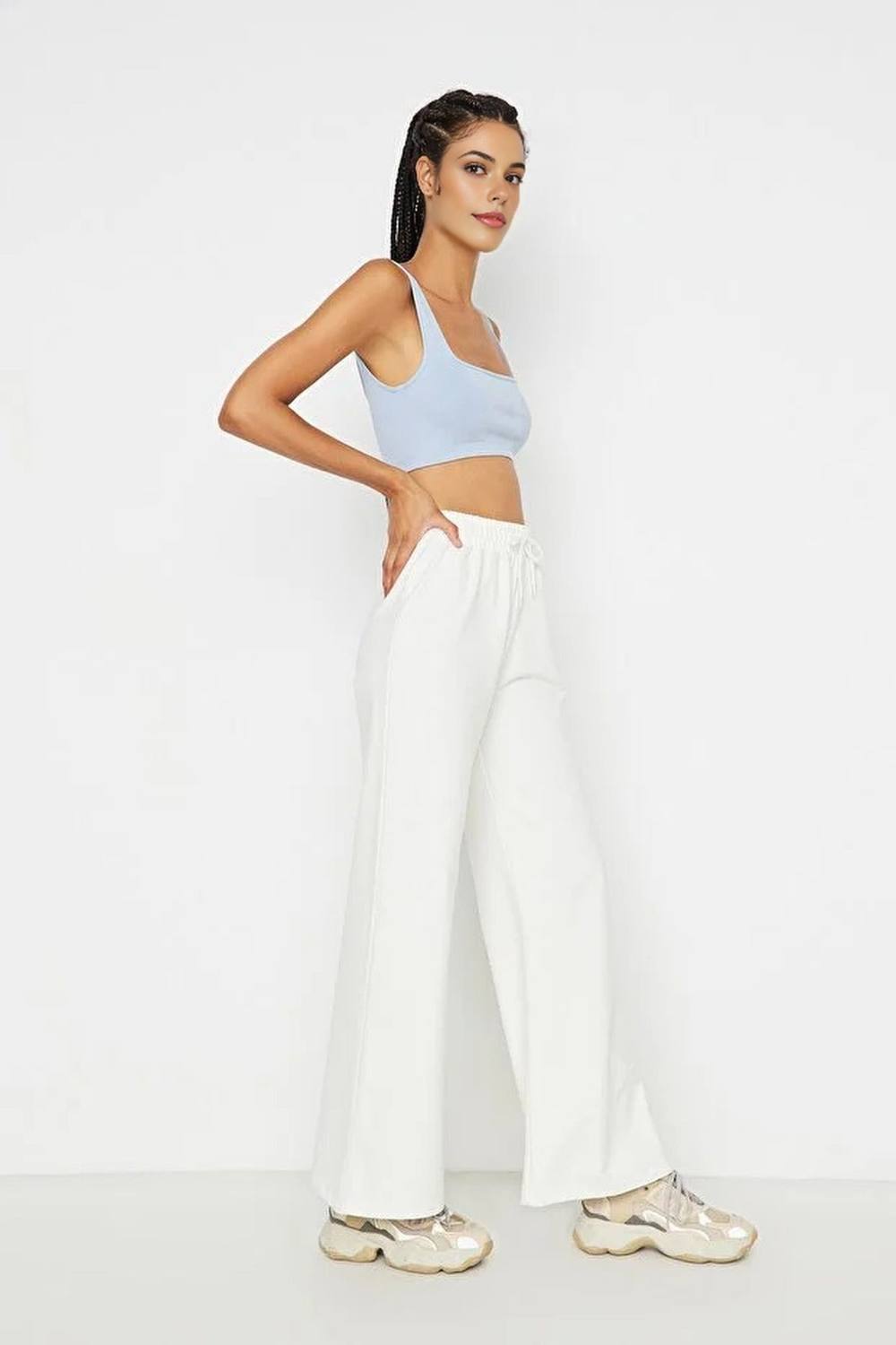 Wovcor High Waist Relaxed Knit Joggers With Side Pockets In White Wovcor High Waist Relaxed Knit Joggers With Side Pockets In White