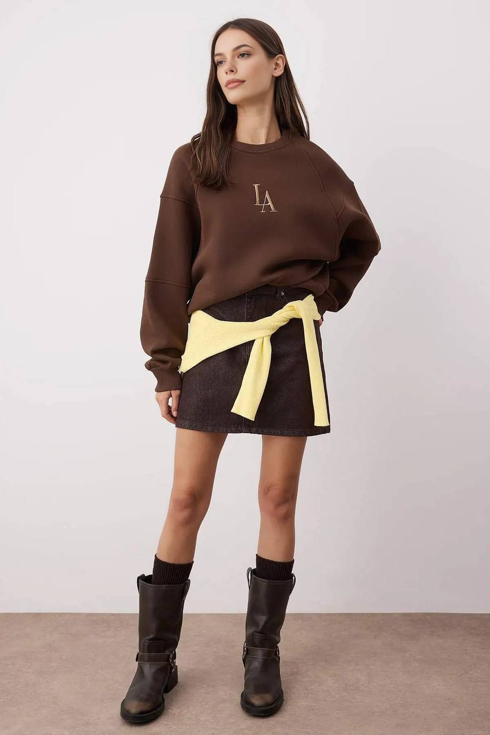 Wovcor Embroidered Crew Neck Fleece Sweatshirt In Brown Wovcor Embroidered Crew Neck Fleece Sweatshirt In Brown
