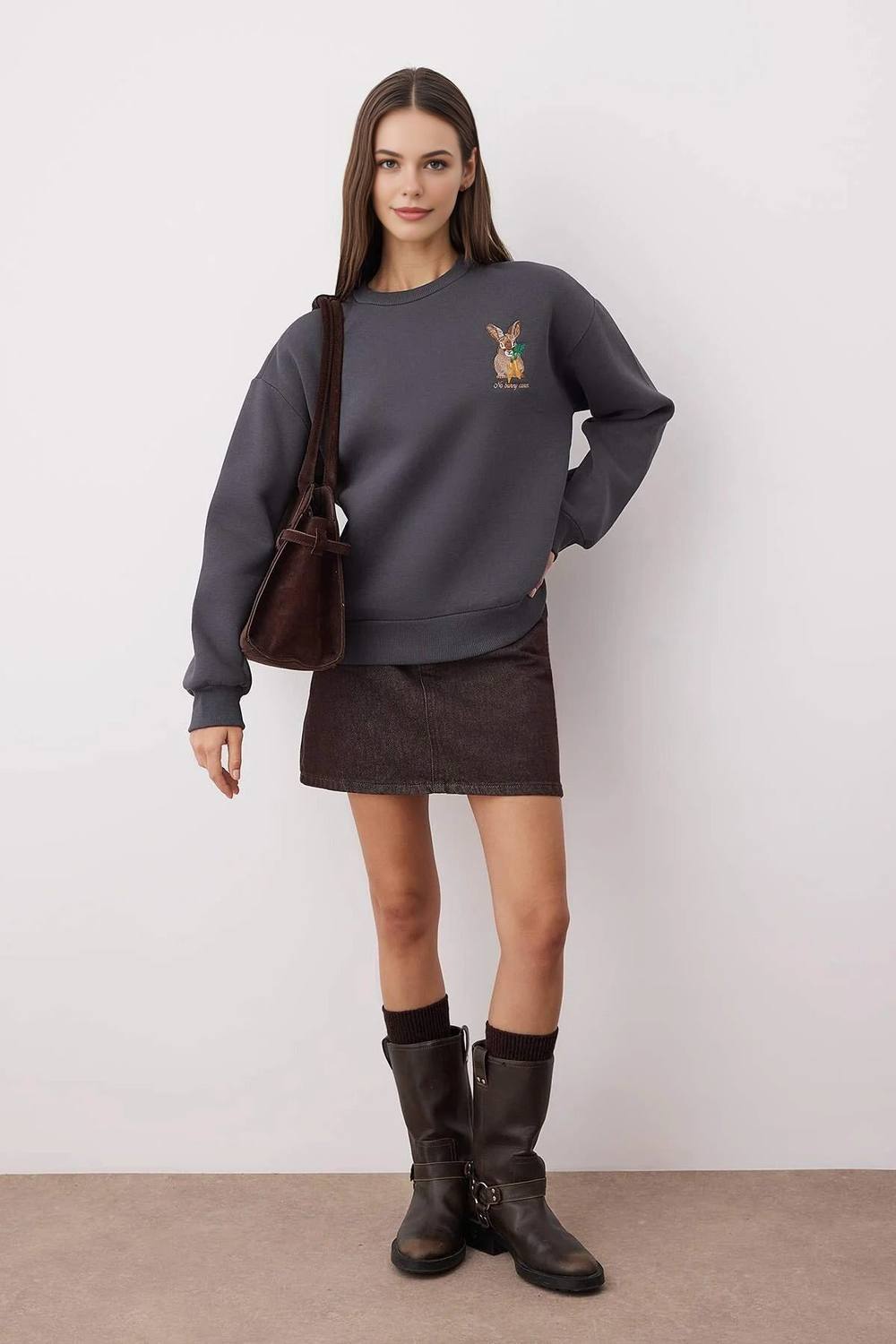 Wovcor Embroidered Animal Fleece Sweatshirt In Dark Grey Wovcor Embroidered Animal Fleece Sweatshirt In Dark Grey