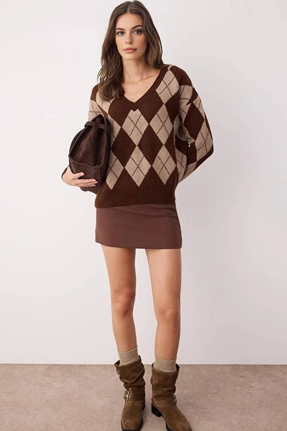 Wovcor V-Neck Argyle Knit Jumper In Brown Wovcor V-Neck Argyle Knit Jumper In Brown