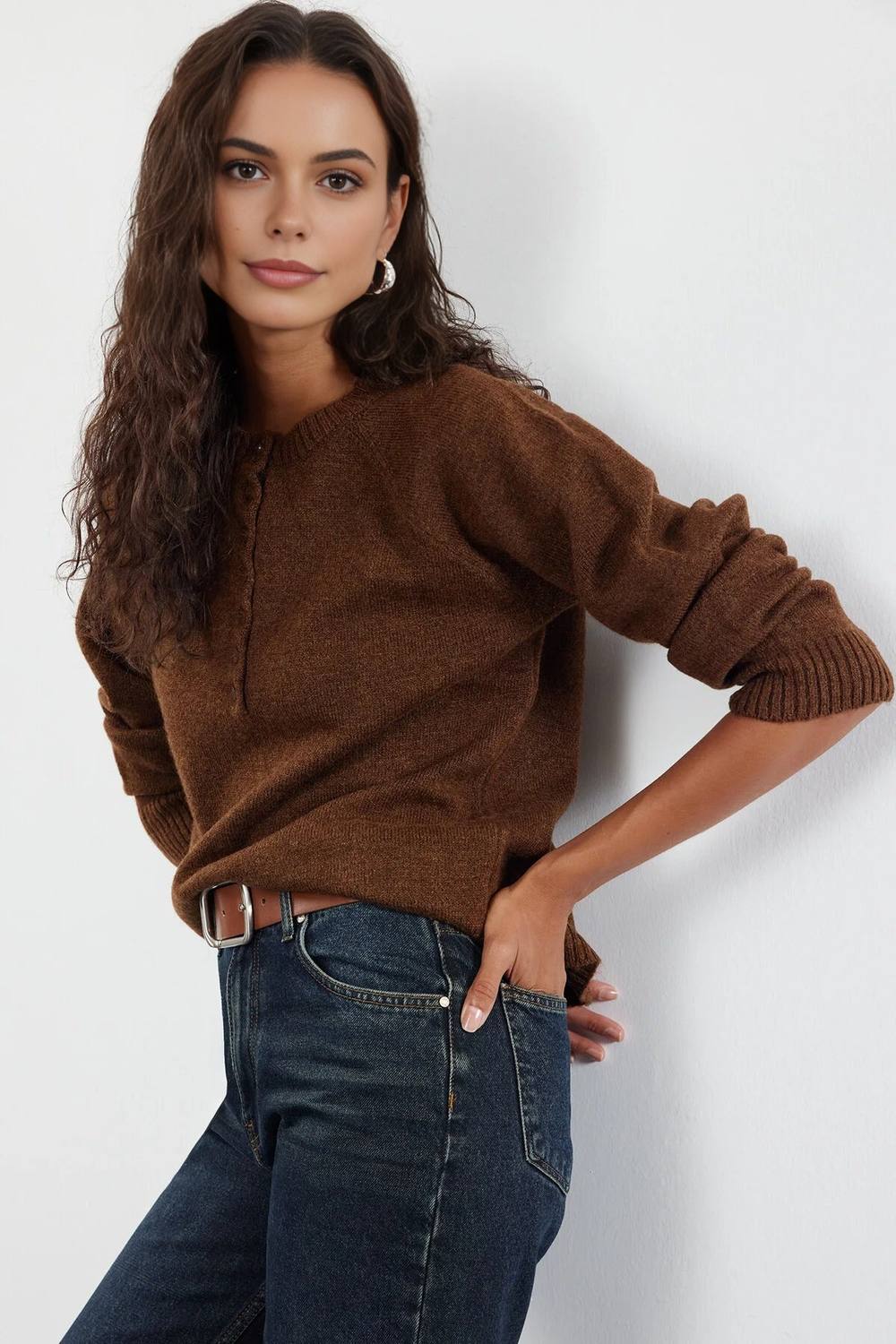 Wovcor Classic Rib Knit Crew Neck Jumper In Brown Wovcor Classic Rib Knit Crew Neck Jumper In Brown