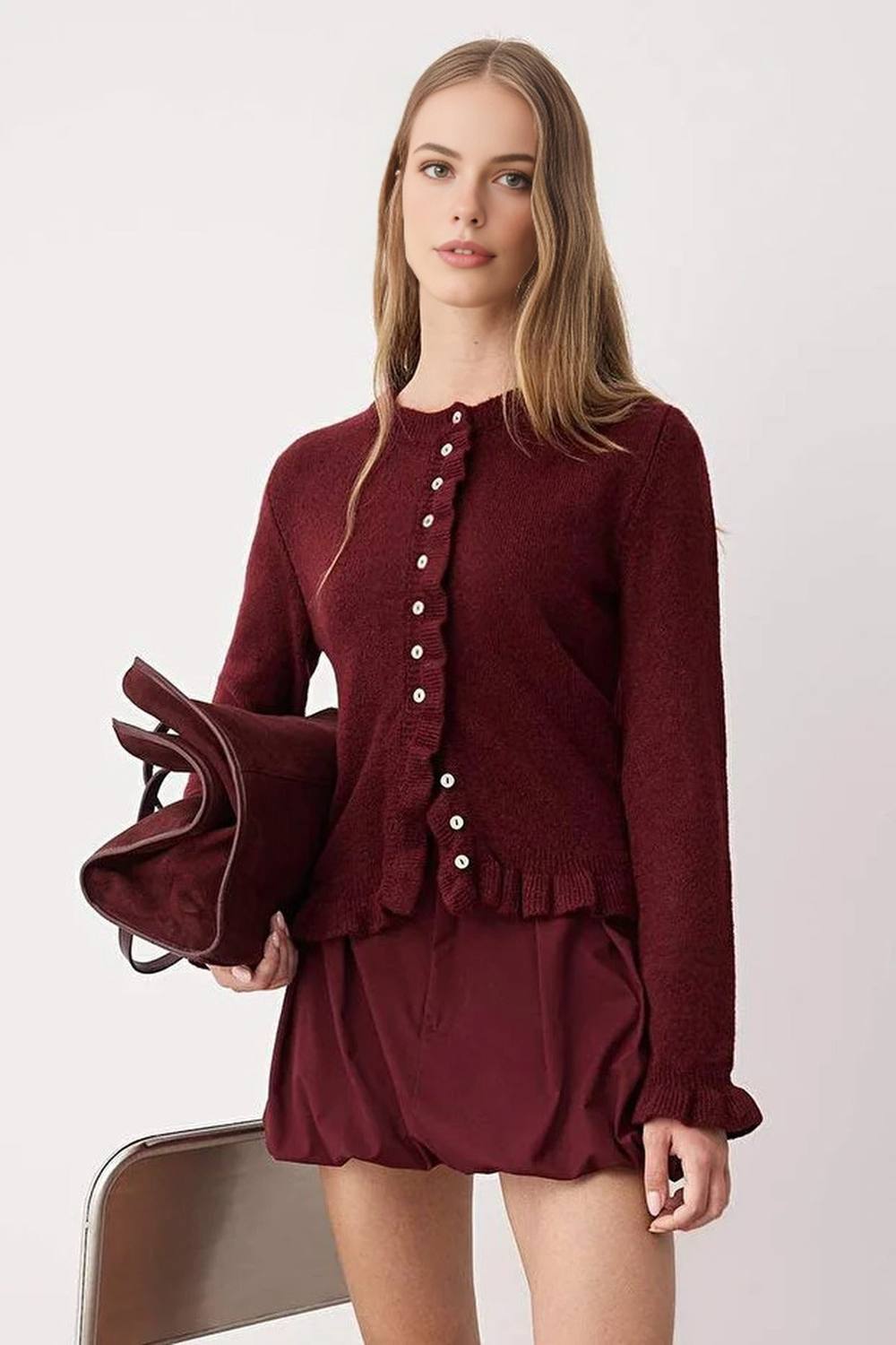 Wovcor Textured Knit Ruffle Hem Cardigan Button Closure In Burgundy