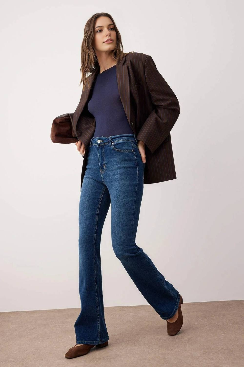 Wovcor High Waist Comfort Flare Jeans In Dark Blue Wovcor High Waist Comfort Flare Jeans In Dark Blue