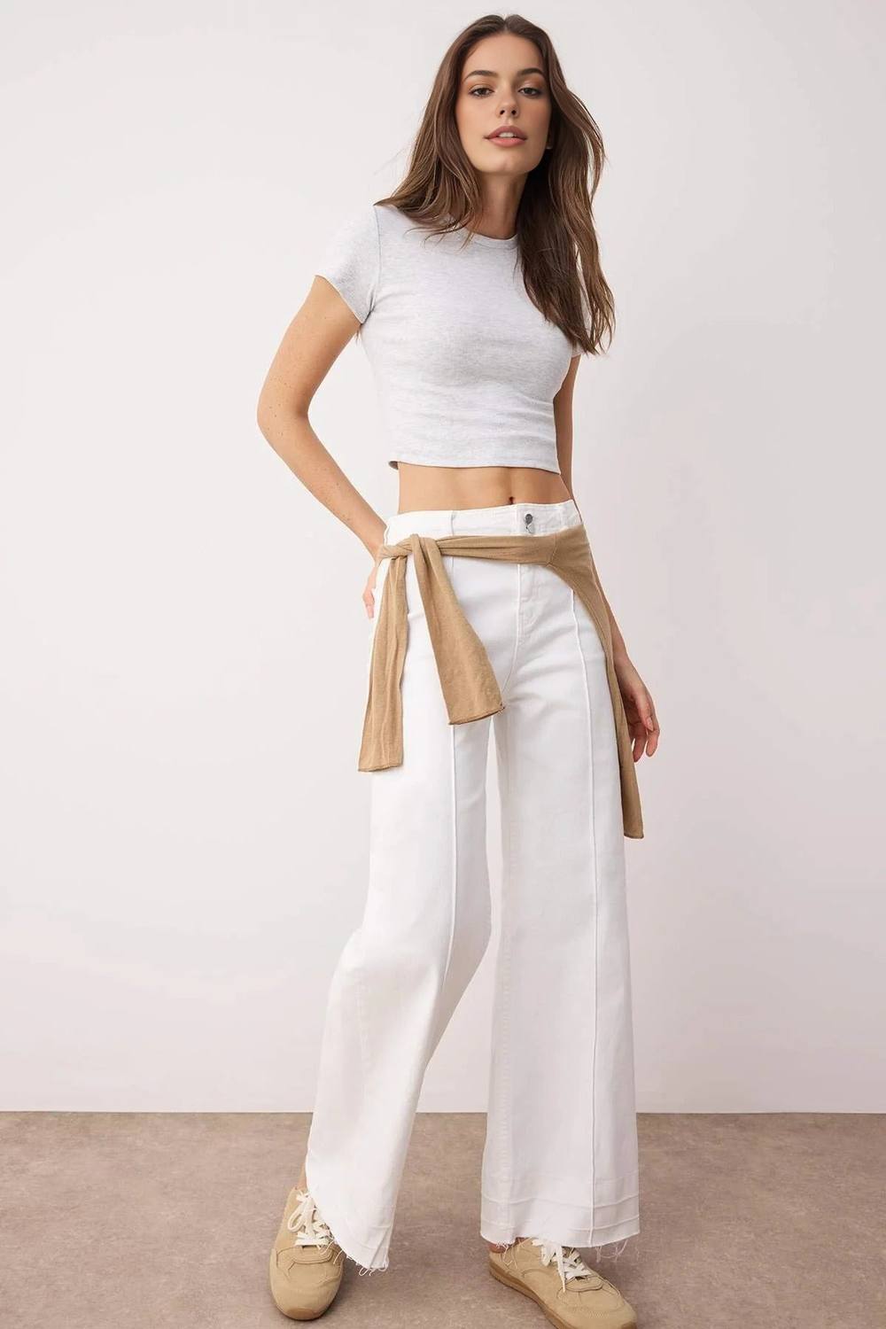 Wovcor High Waist Cut-Out Wide Leg Jeans Ribbed Detail In White Wovcor High Waist Cut-Out Wide Leg Jeans Ribbed Detail In White