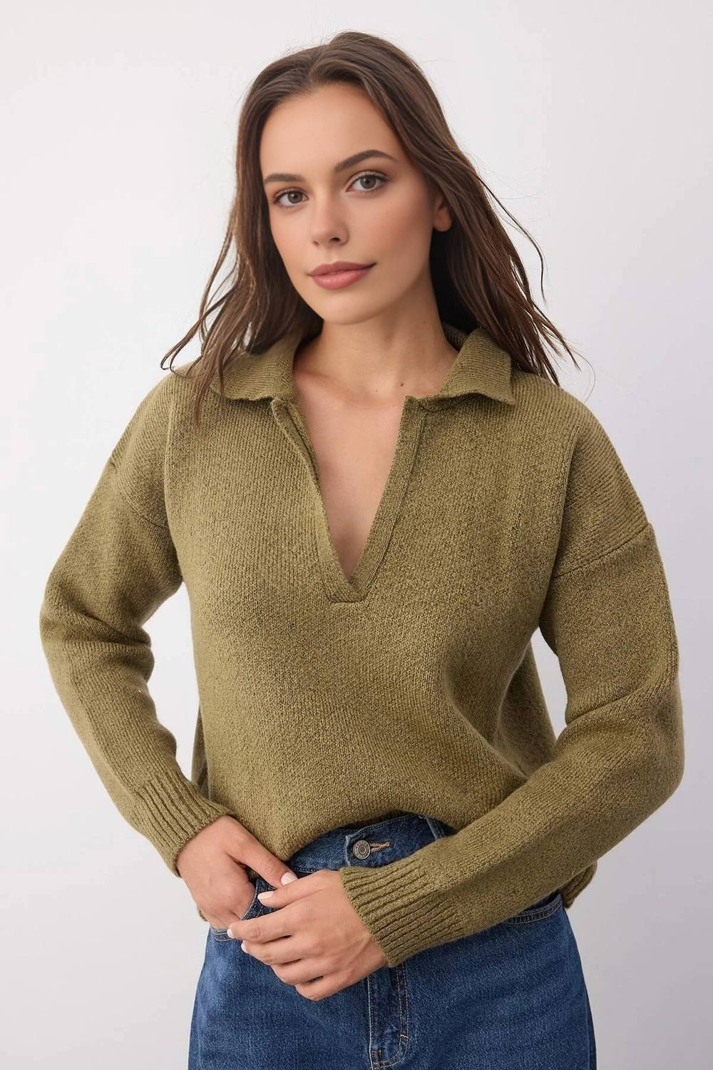 Wovcor Collared Soft Textured Knit Jumper In Khaki Wovcor Collared Soft Textured Knit Jumper In Khaki