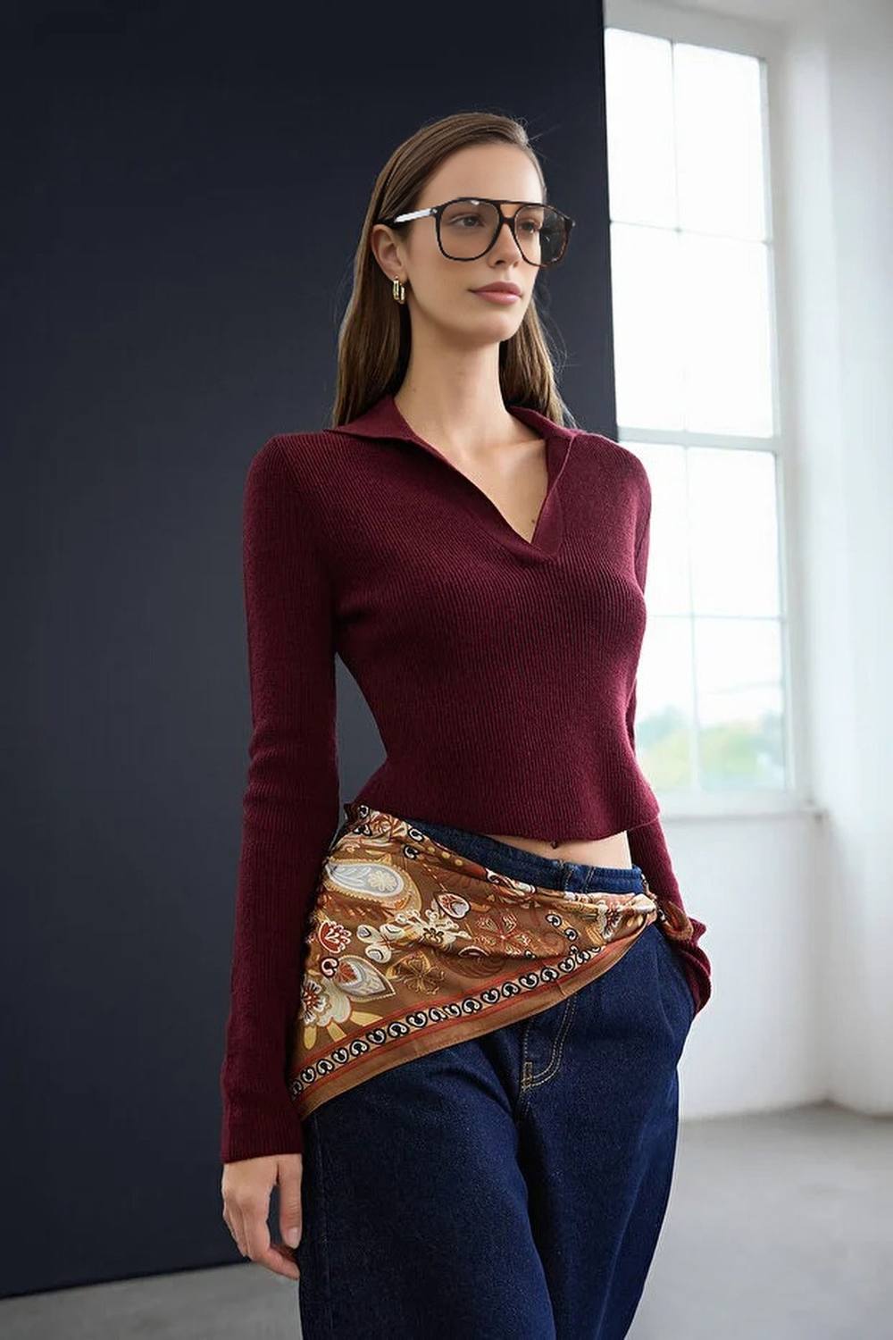 Wovcor Textured Polo Collar Long Sleeve Knit Jumper In Burgundy Wovcor Textured Polo Collar Long Sleeve Knit Jumper In Burgundy