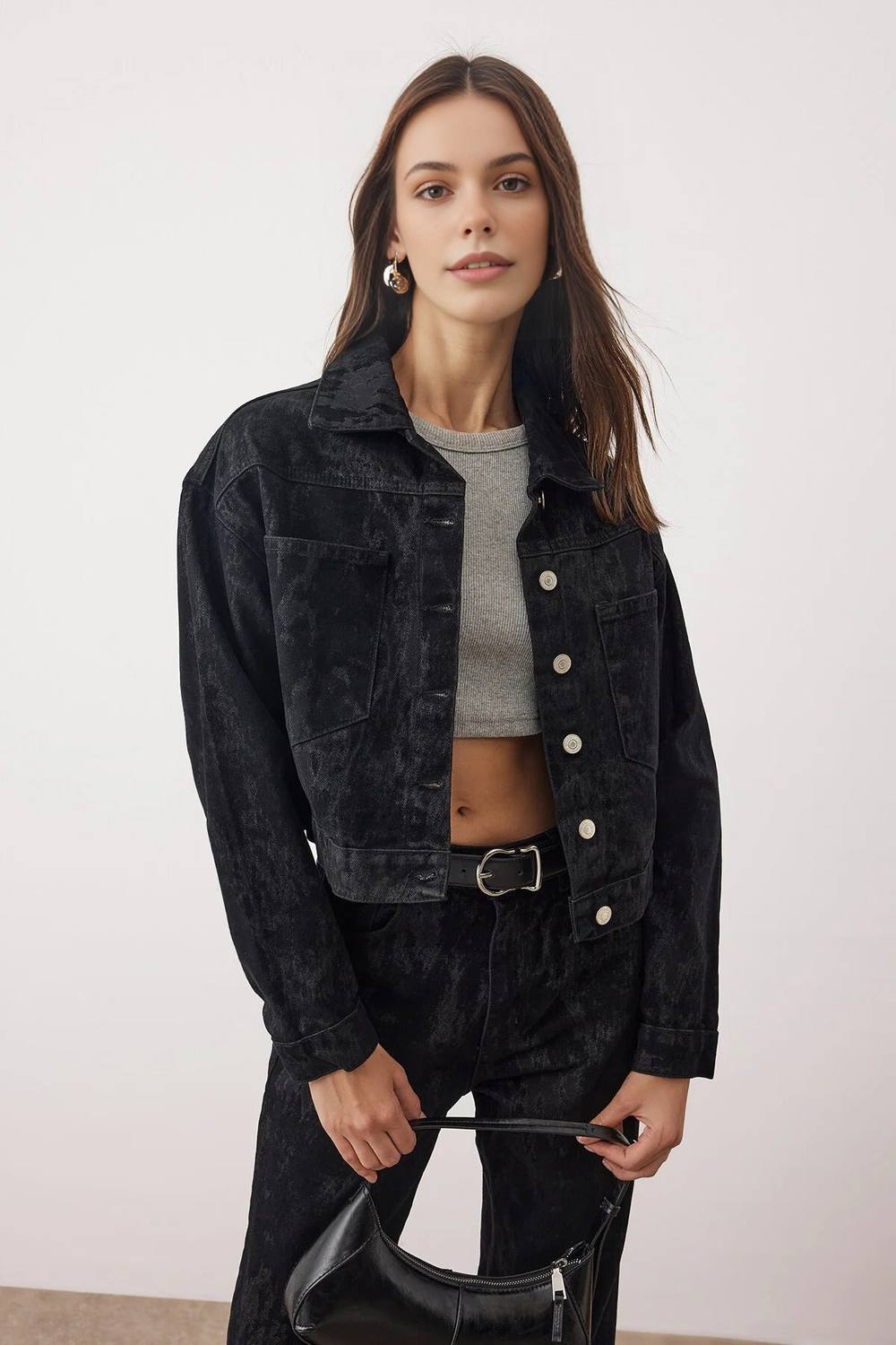 Wovcor Suede Look Button Front Denim Jacket In Black Wovcor Suede Look Button Front Denim Jacket In Black