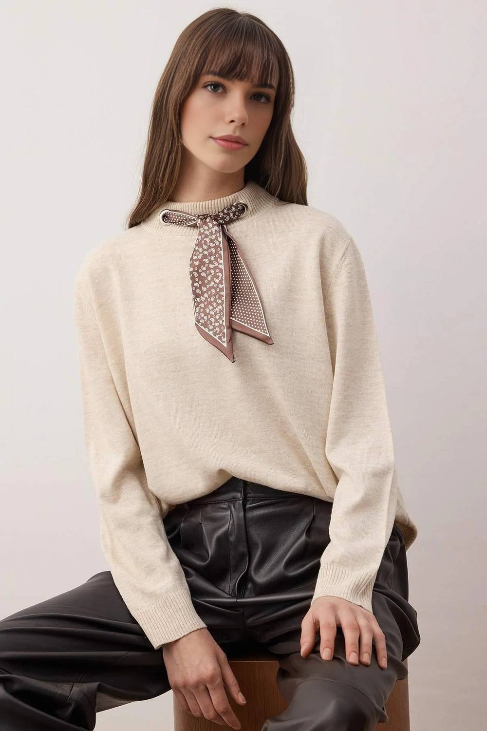 Wovcor Scarf Collar Detail Soft Knit Jumper In Beige Wovcor Scarf Collar Detail Soft Knit Jumper In Beige