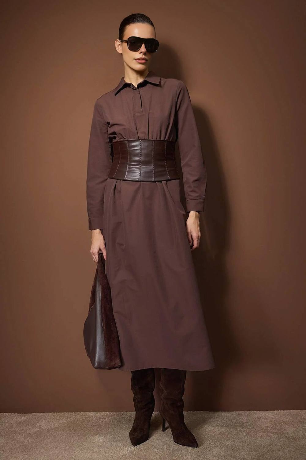 Wovcor Woven Midi Dress With Corset Belt Detail In Brown Wovcor Woven Midi Dress With Corset Belt Detail In Brown