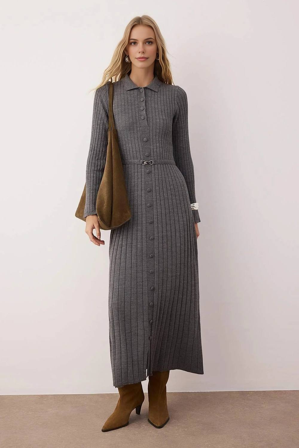Wovcor Ribbed Knit Button Front Midi Dress With Belt Detail In Dark Grey Wovcor Ribbed Knit Button Front Midi Dress With Belt Detail In Dark Grey