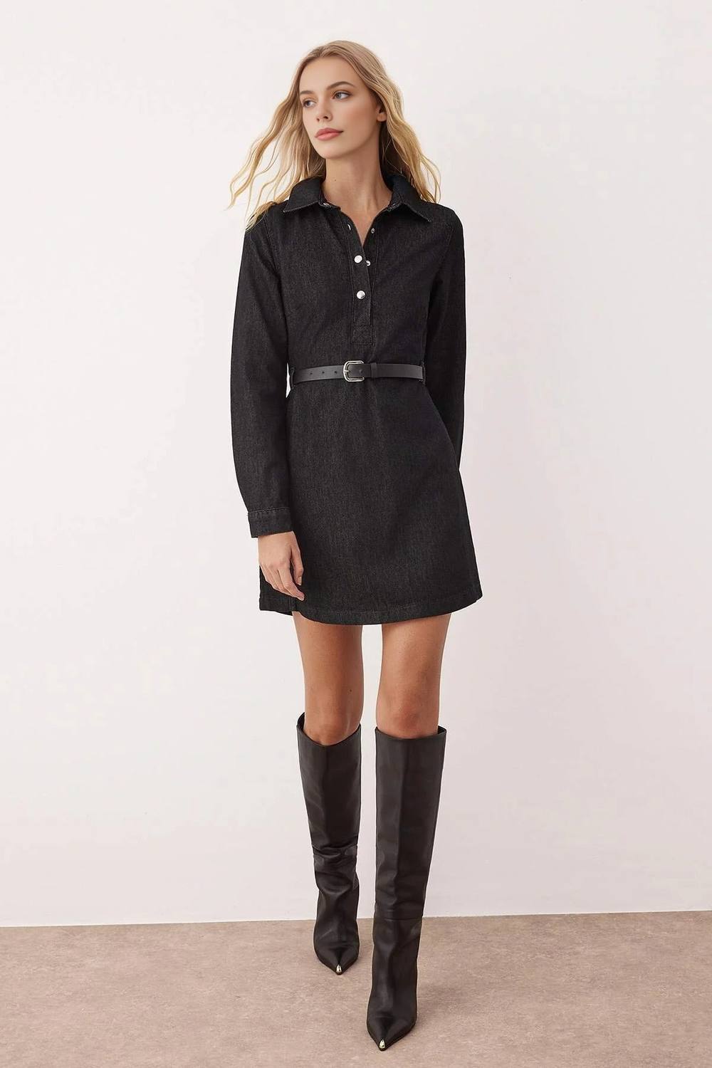 Wovcor Belted Shirt Collar Long Sleeve Mini Denim Dress In Black Wovcor Belted Shirt Collar Long Sleeve Mini Denim Dress In Black