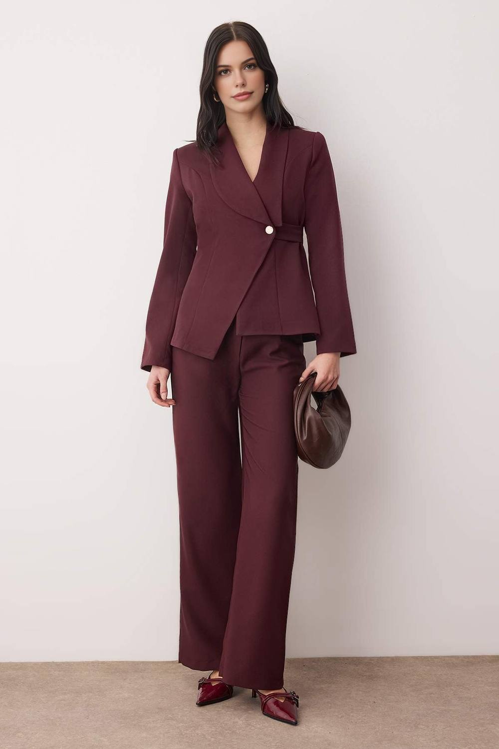 Wovcor Piece Tailored Woven Wrap Blazer And Wide Leg Trousers Set In Plum Wovcor Piece Tailored Woven Wrap Blazer And Wide Leg Trousers Set In Plum
