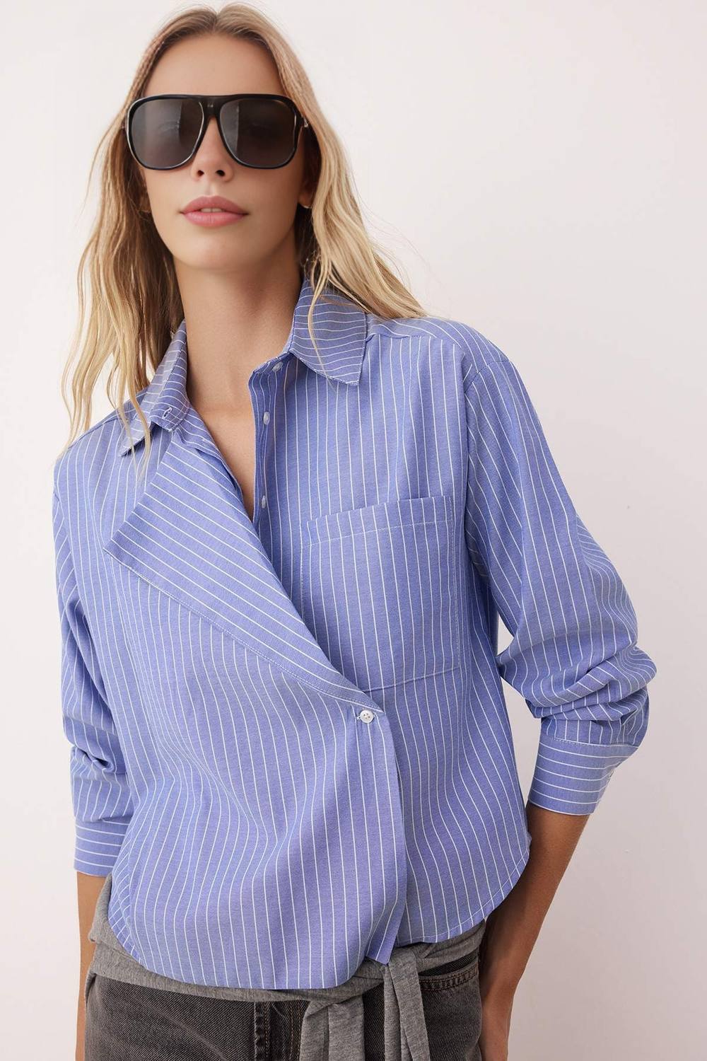 Wovcor Striped Woven Shirt With Jacket-Style Collar In Blue Wovcor Striped Woven Shirt With Jacket-Style Collar In Blue