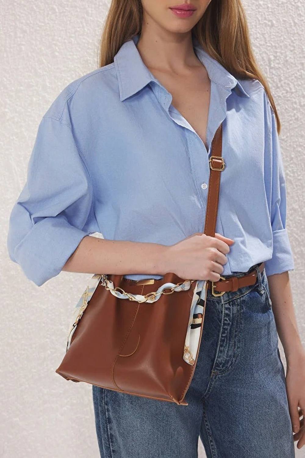 Wovcor Scarf Chain Handle Bucket Shoulder Bag In Brown Wovcor Scarf Chain Handle Bucket Shoulder Bag In Brown