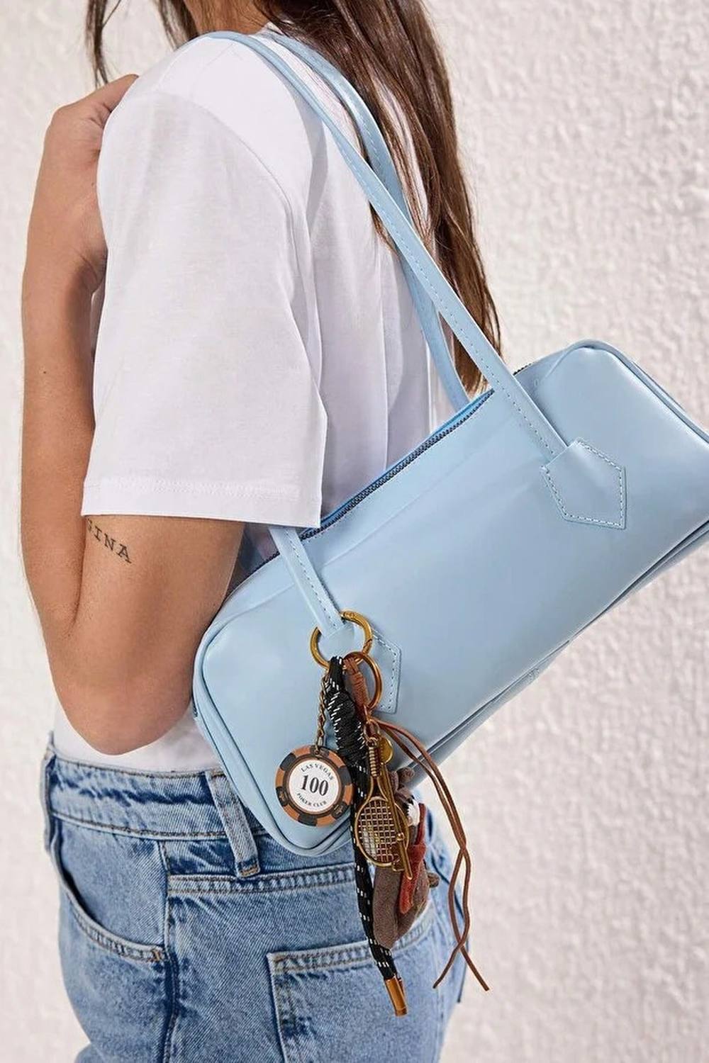 Wovcor Charm Detail Mini Bowling Shoulder Bag In Baby Blue Wovcor Charm Detail Mini Bowling Shoulder Bag In Baby Blue