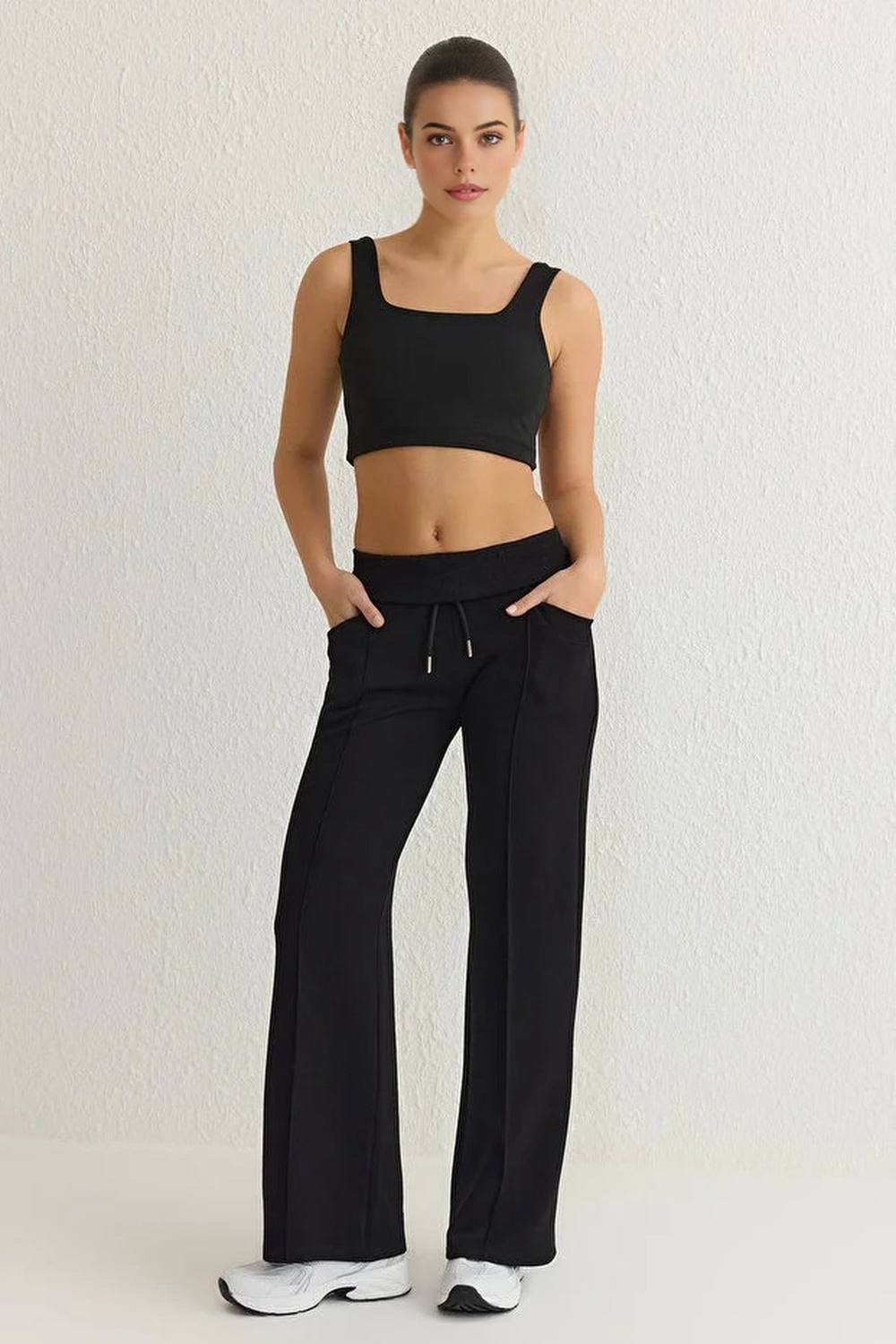 Wovcor Seam Detail Drawstring Wide Leg Knit Sports Joggers In Black Wovcor Seam Detail Drawstring Wide Leg Knit Sports Joggers In Black