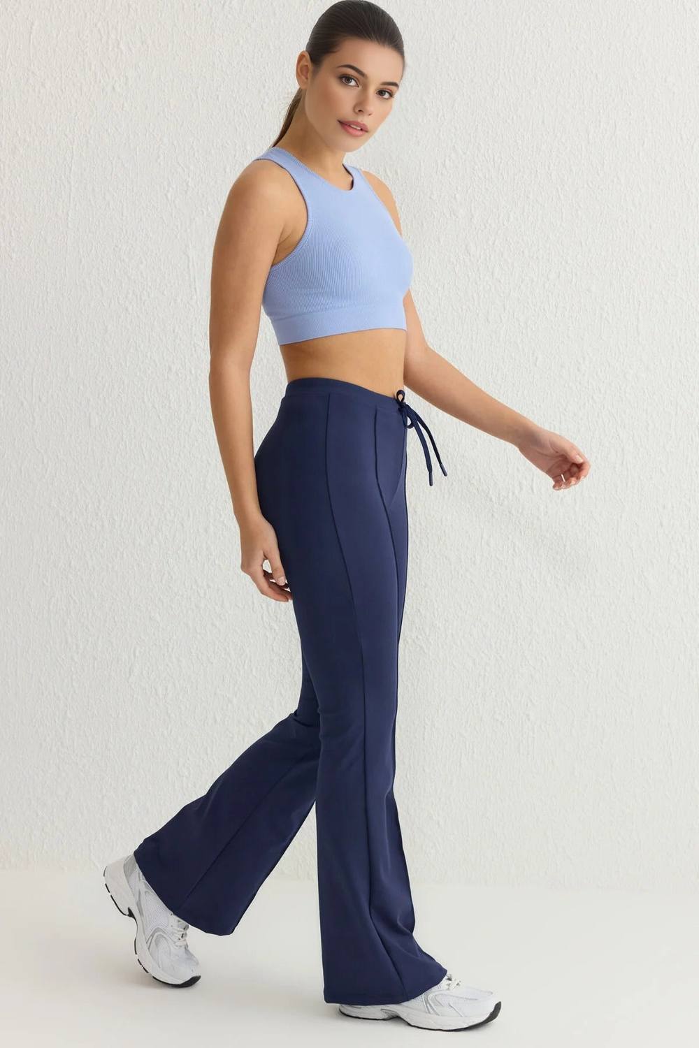 Wovcor Seam Detail Drawstring Flared Scuba Knit Joggers In Navy Wovcor Seam Detail Drawstring Flared Scuba Knit Joggers In Navy
