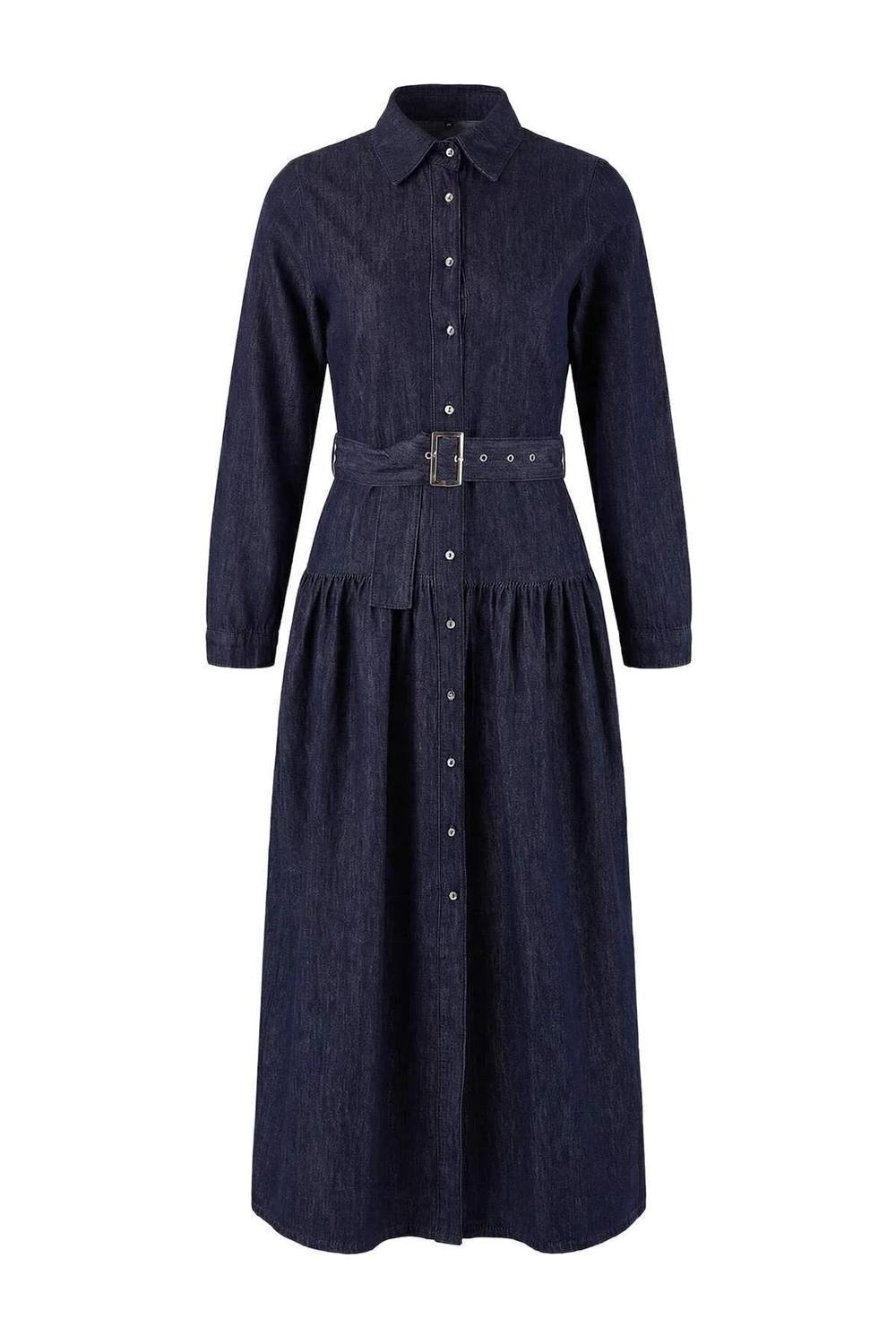 Wovcor Belted Button Through Long Sleeve Cotton Denim Maxi Shirt Dress In Dark Blue Wovcor Belted Button Through Long Sleeve Cotton Denim Maxi Shirt Dress In Dark Blue