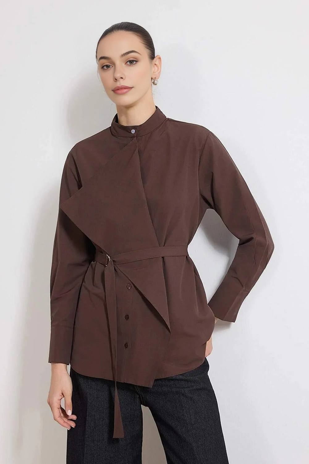 Wovcor Belted Stand Collar Long Sleeve Cotton Woven Shirt In Brown Wovcor Belted Stand Collar Long Sleeve Cotton Woven Shirt In Brown