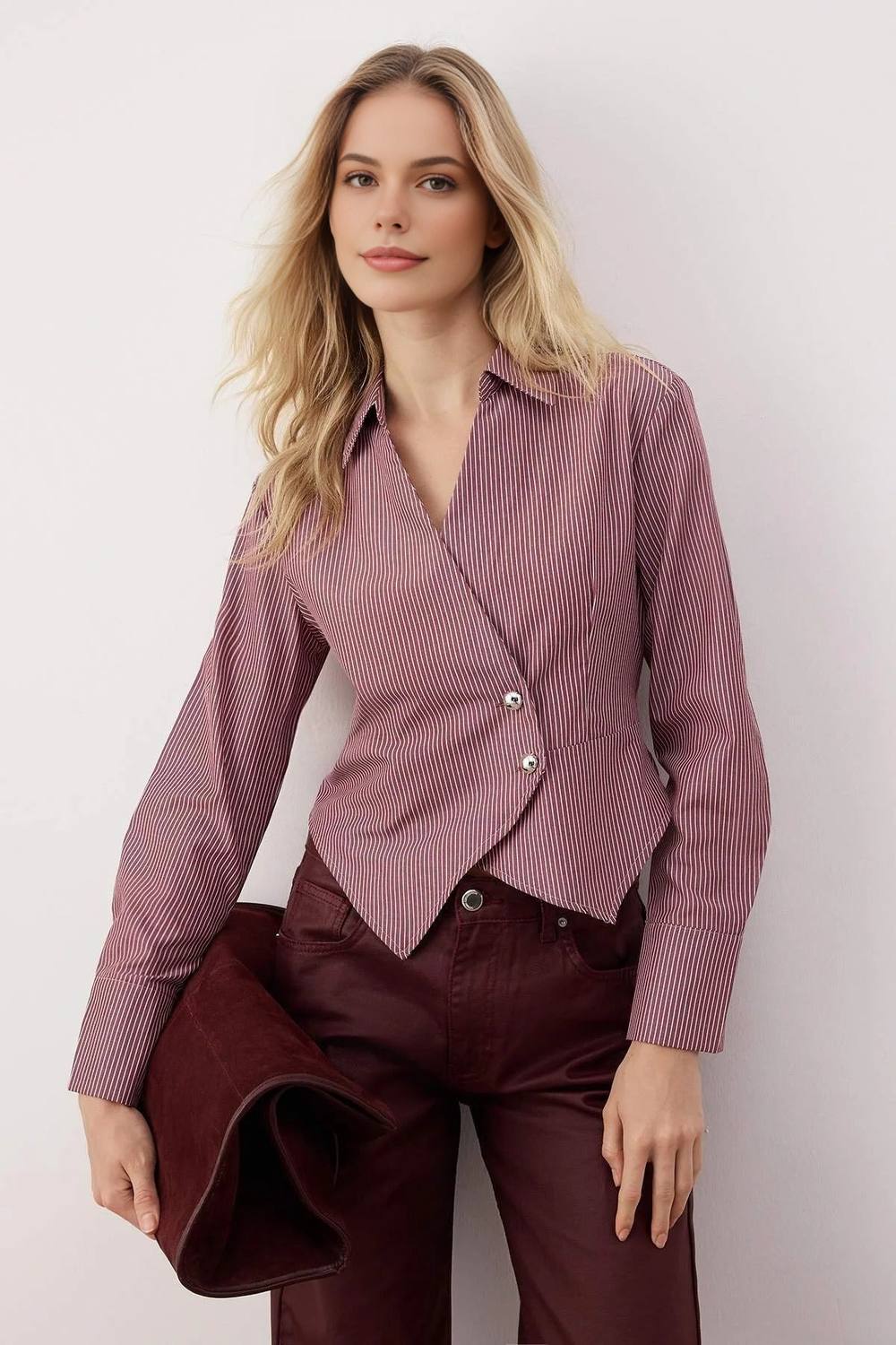 Wovcor Pinstripe Asymmetric Wrap Collared Long Sleeve Shirt In Burgundy Wovcor Pinstripe Asymmetric Wrap Collared Long Sleeve Shirt In Burgundy
