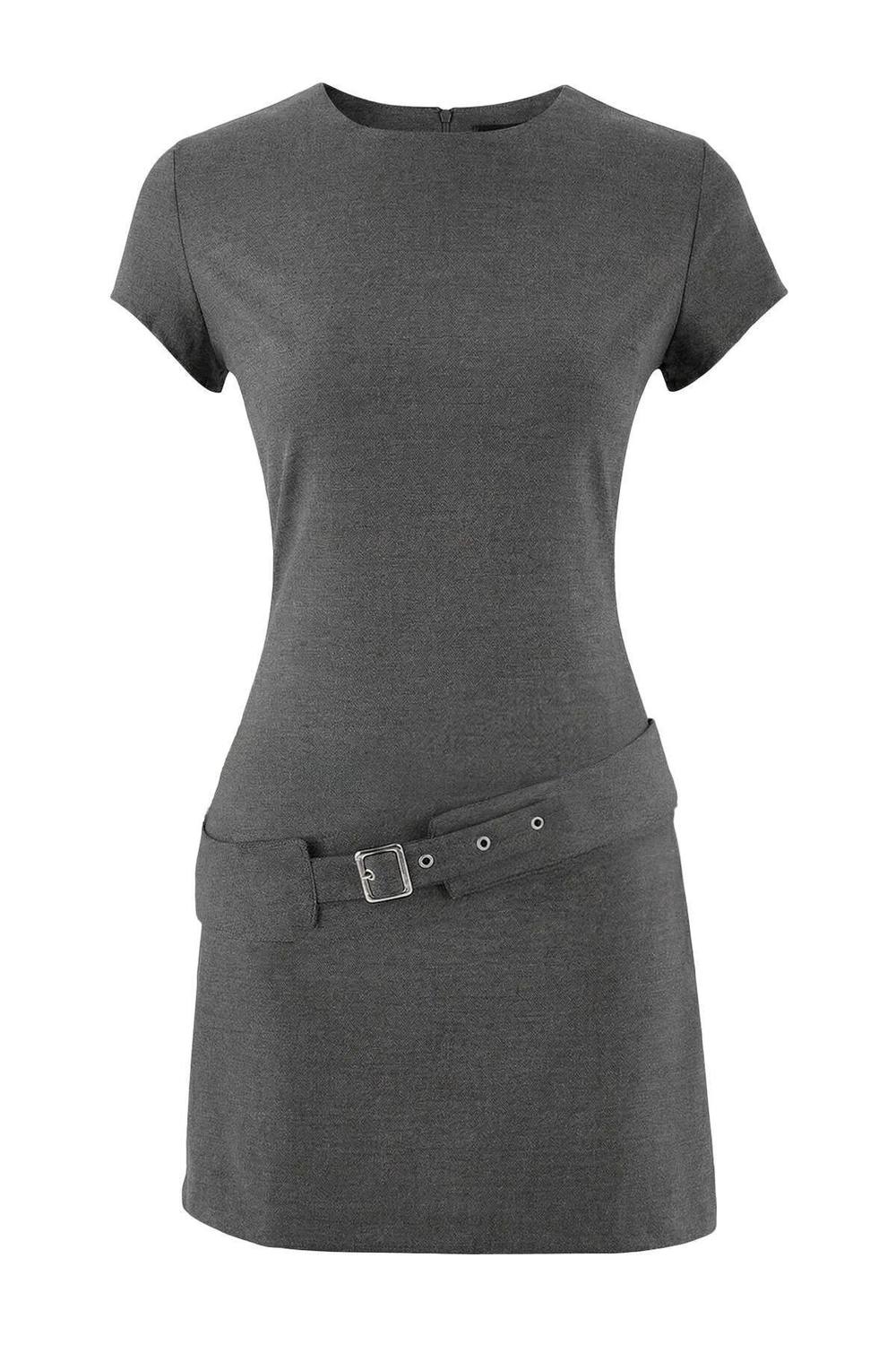 Wovcor Buckle Belt Drop Waist Short Sleeve Woven Mini Dress In Dark Grey Wovcor Buckle Belt Drop Waist Short Sleeve Woven Mini Dress In Dark Grey