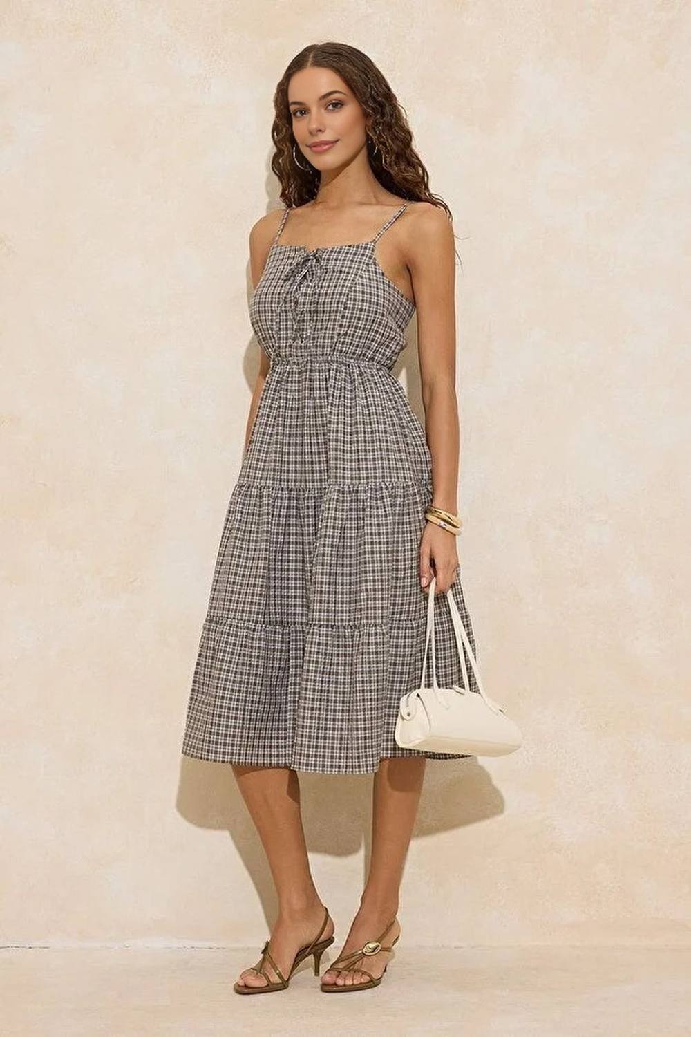Wovcor Check Tie Front Tiered Strappy Woven Midi Dress Wovcor Check Tie Front Tiered Strappy Woven Midi Dress