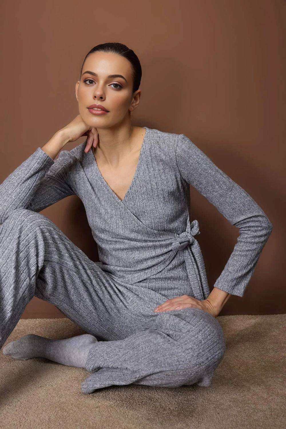 Wovcor Wrap Tie V Neck Long Sleeve Ribbed Knit Wide Leg Loungewear Set In Grey Wovcor Wrap Tie V Neck Long Sleeve Ribbed Knit Wide Leg Loungewear Set In Grey