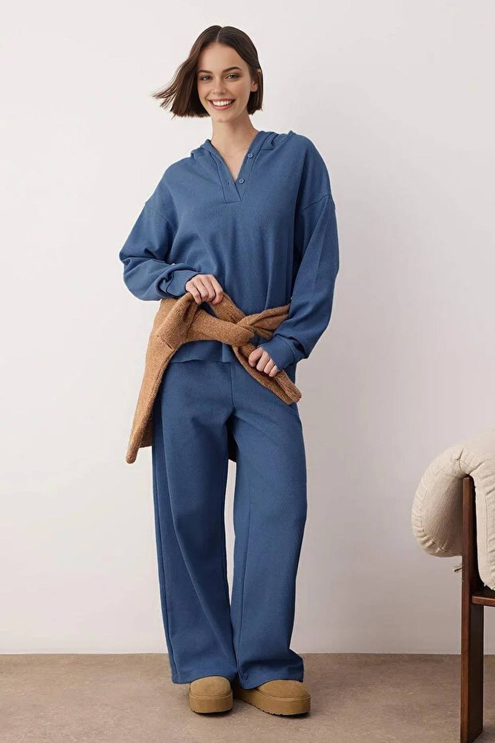 Wovcor Hooded Button Placket Cotton Waffle Knit Wide Leg Loungewear Set In Blue Wovcor Hooded Button Placket Cotton Waffle Knit Wide Leg Loungewear Set In Blue