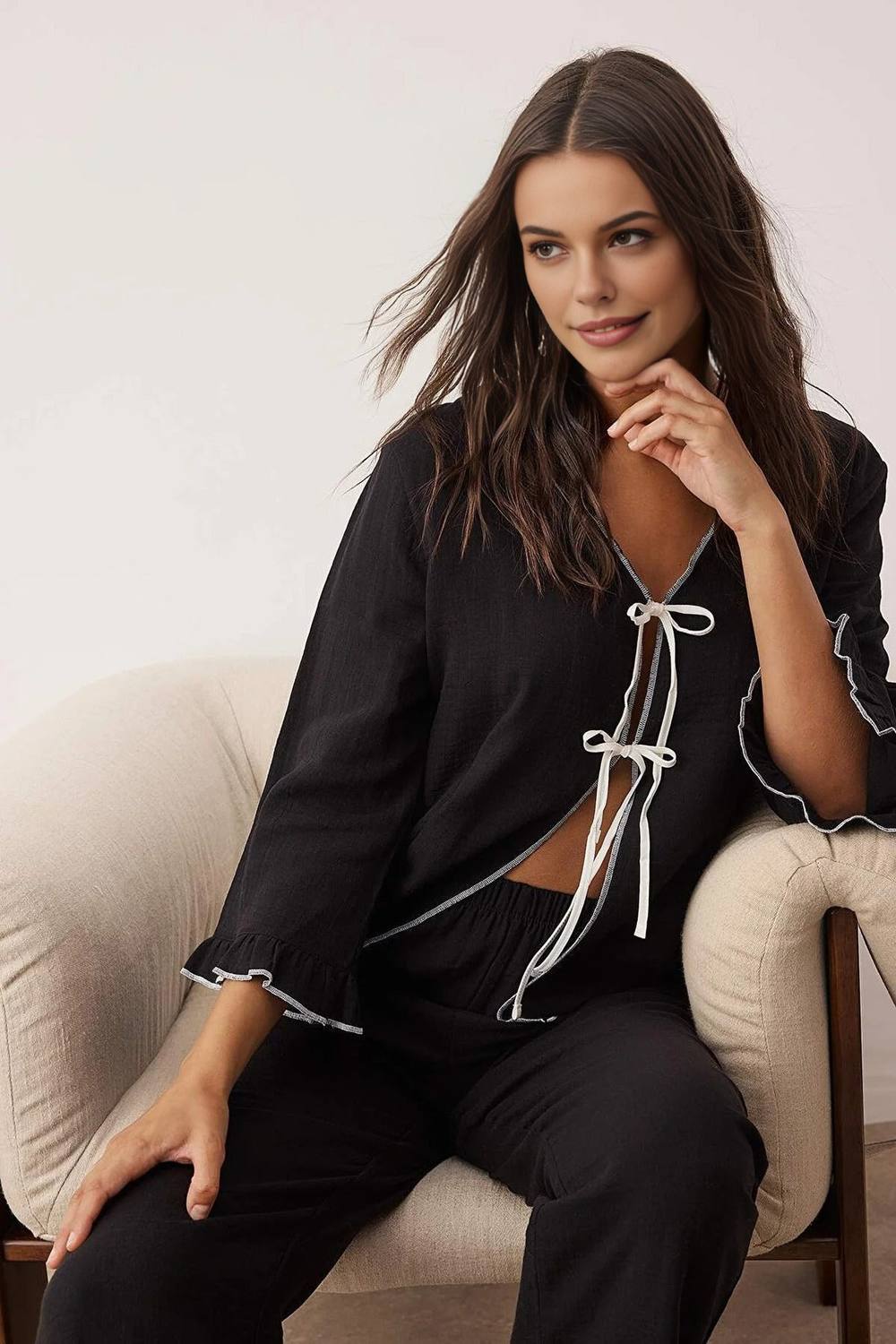 Wovcor Bow Tie Cotton Muslin Contrast Trim Long Sleeve Pyjama Set In Black Wovcor Bow Tie Cotton Muslin Contrast Trim Long Sleeve Pyjama Set In Black