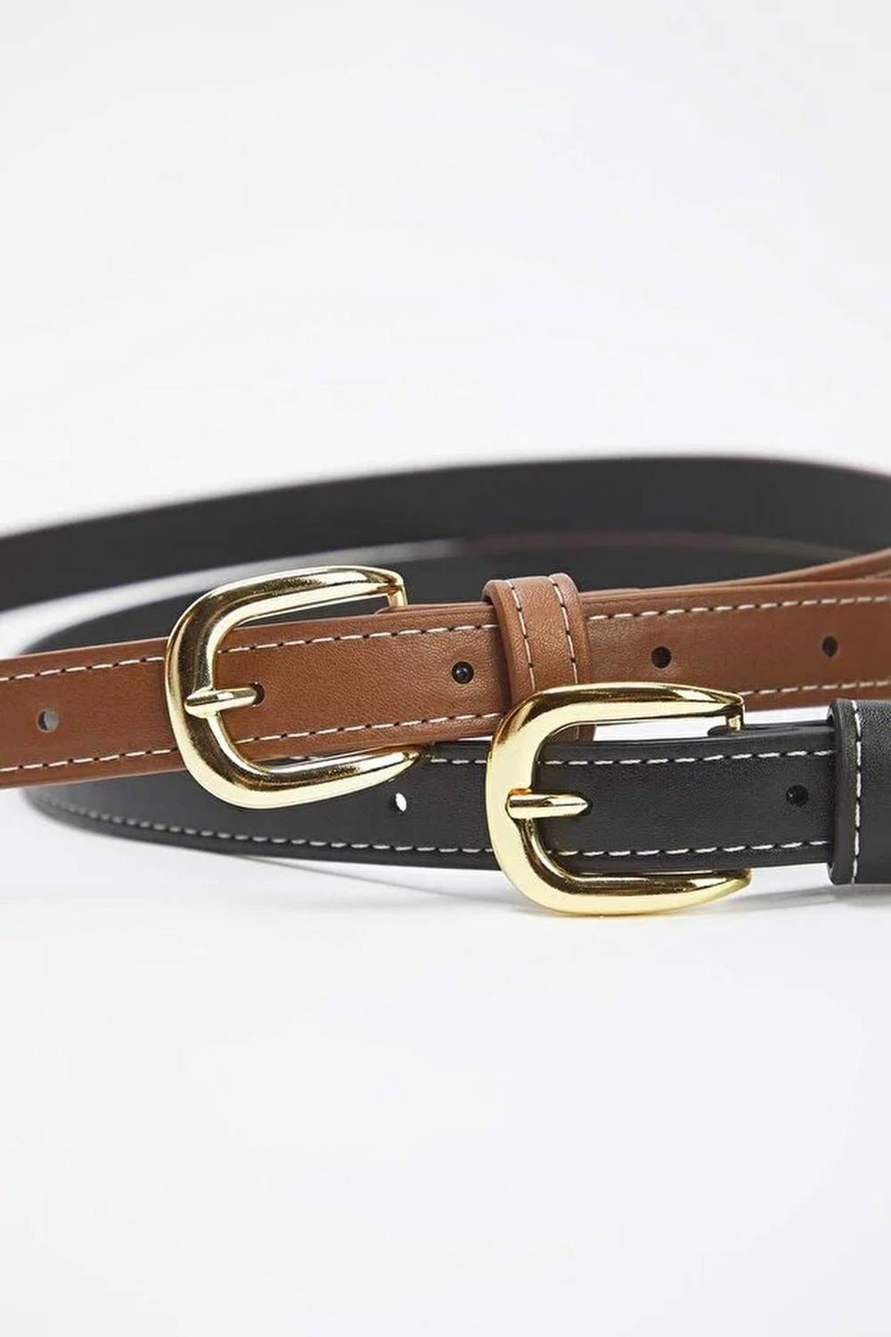 Wovcor Double Pack Gold Buckle Contrast Stitch Slim Fashion Belt Wovcor Double Pack Gold Buckle Contrast Stitch Slim Fashion Belt