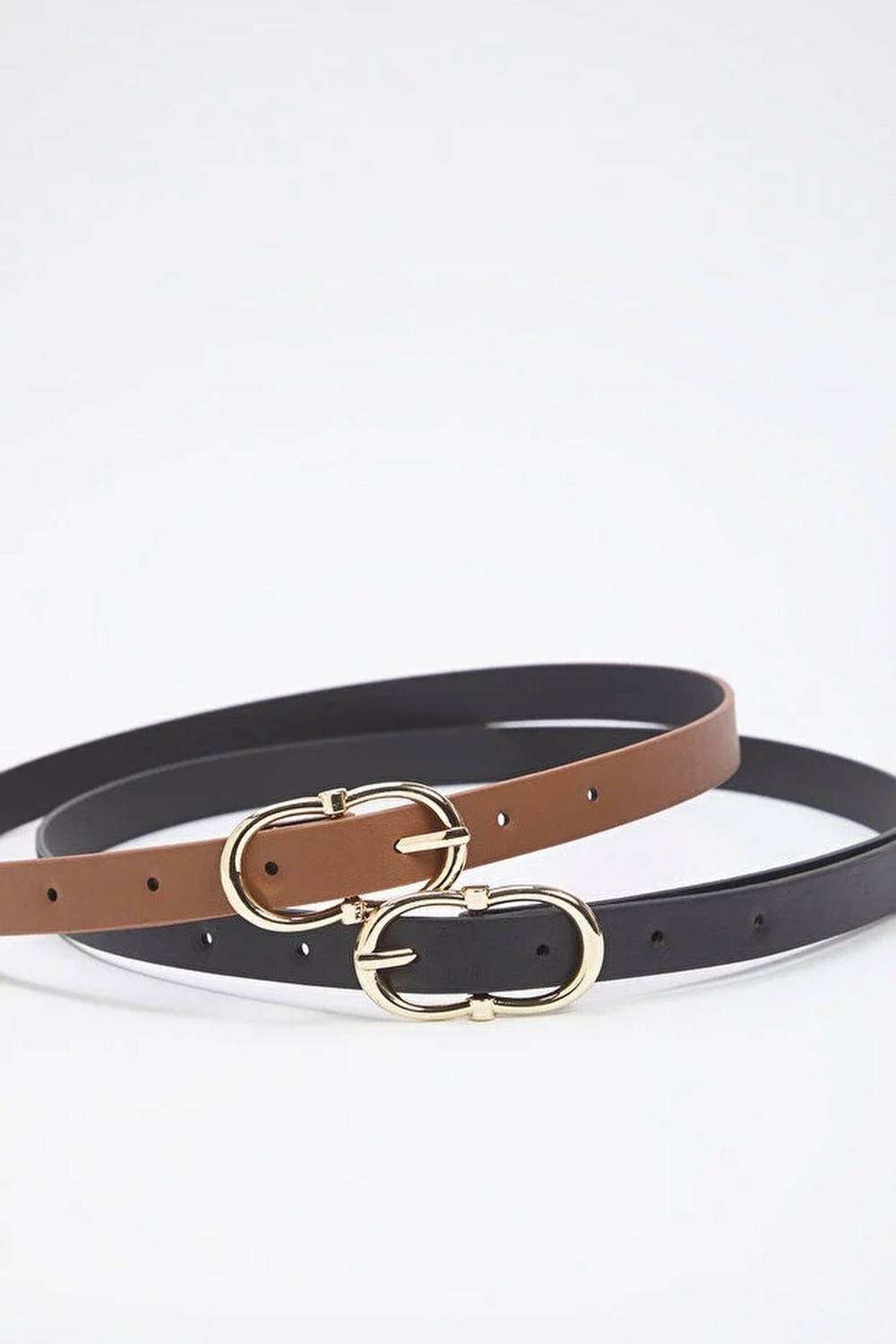 Wovcor Double Pack Gold Oval Buckle Slim Faux Leather Belt Wovcor Double Pack Gold Oval Buckle Slim Faux Leather Belt