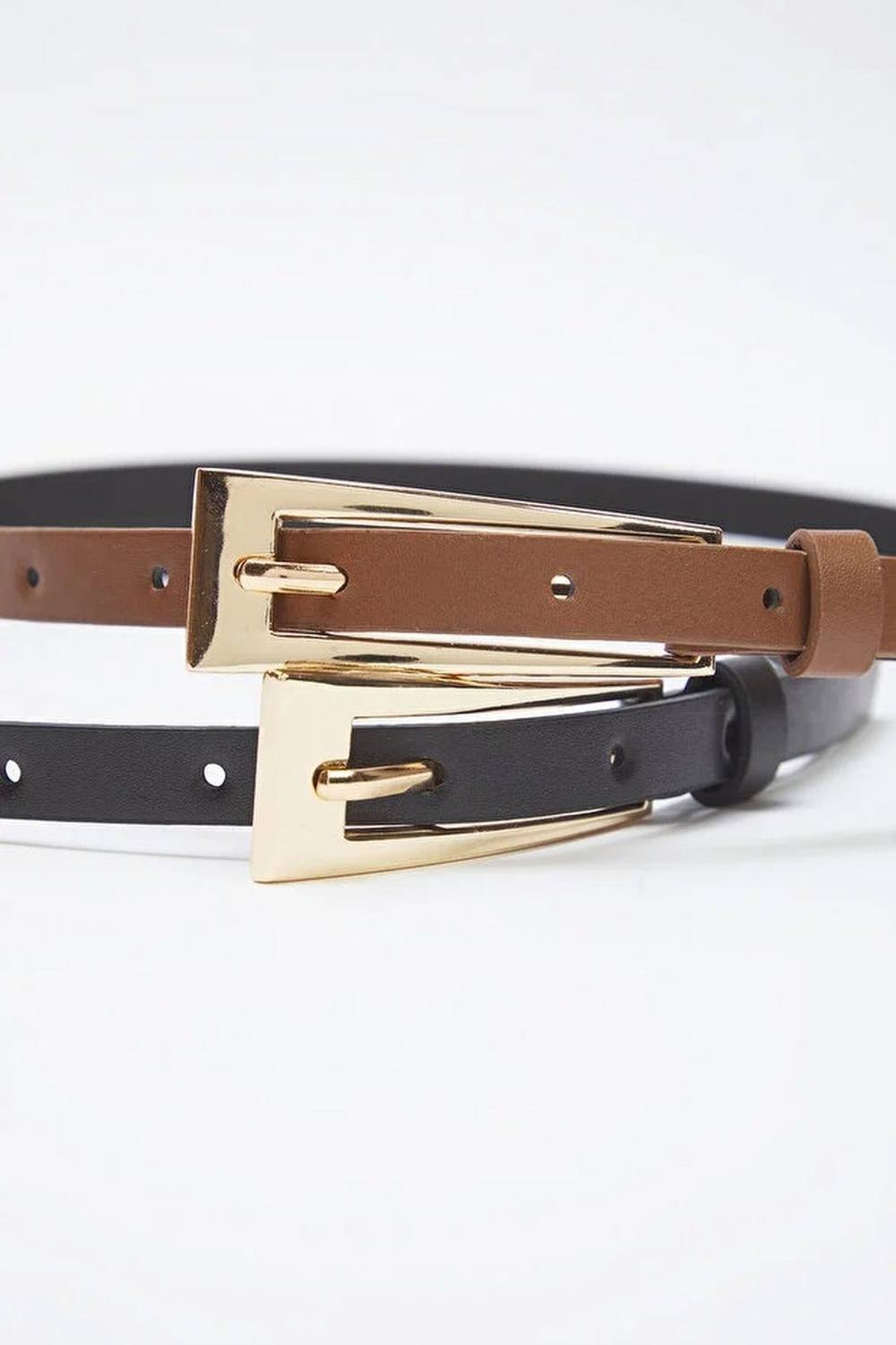 Wovcor Double Pack Gold Angular Buckle Slim Faux Leather Belt Wovcor Double Pack Gold Angular Buckle Slim Faux Leather Belt