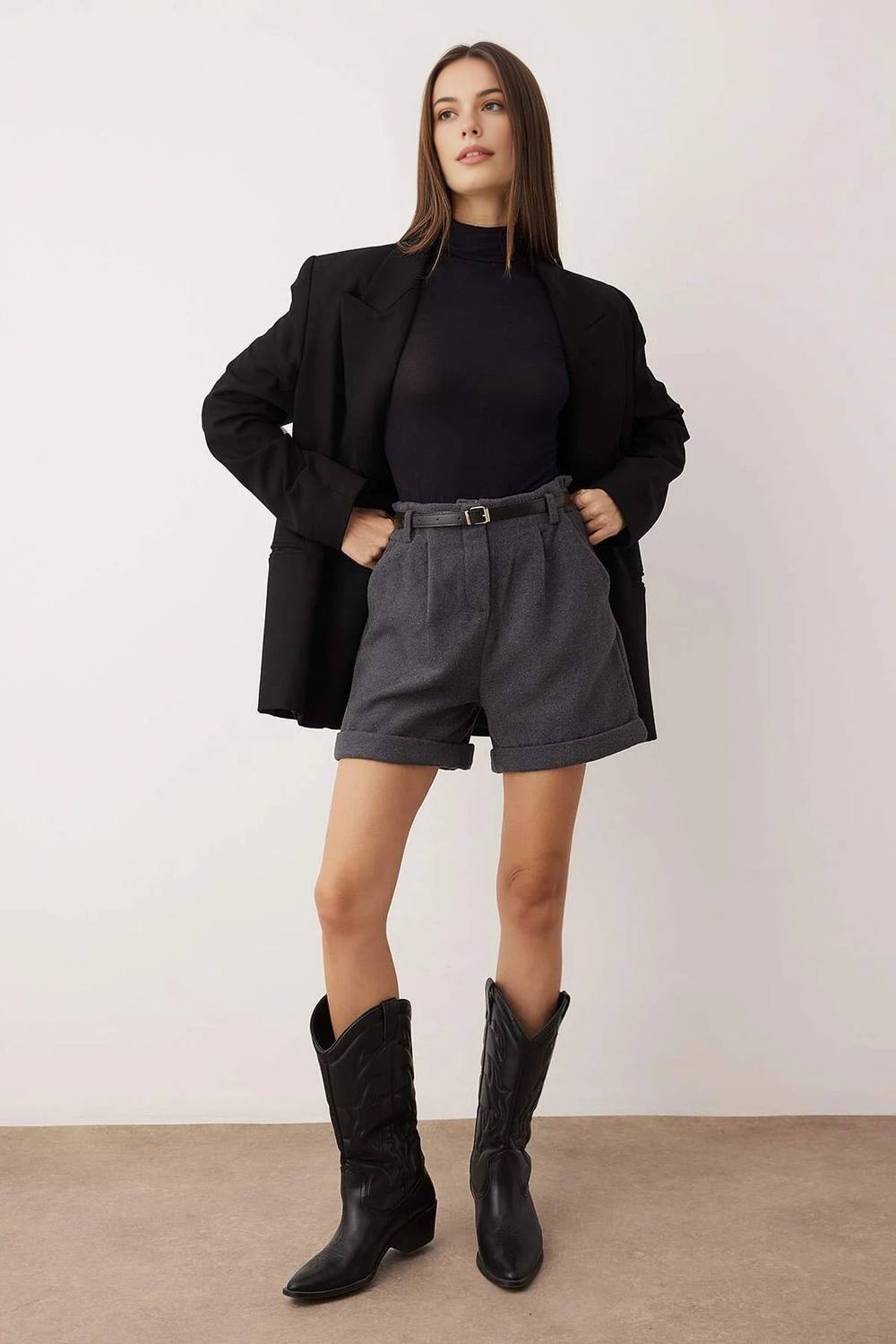 Wovcor High Waist Belted Cashmere Blend Tailored Shorts In Dark Grey Wovcor High Waist Belted Cashmere Blend Tailored Shorts In Dark Grey