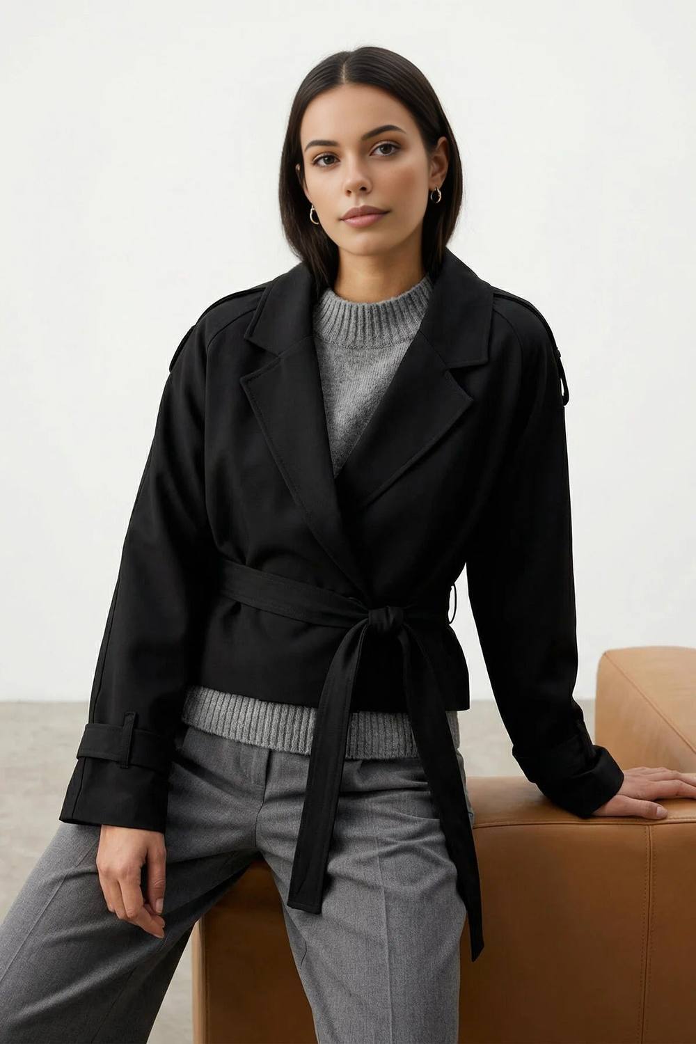 Wovcor Belted Double Breasted Tailored Blazer Jacket In Black Wovcor Belted Double Breasted Tailored Blazer Jacket In Black