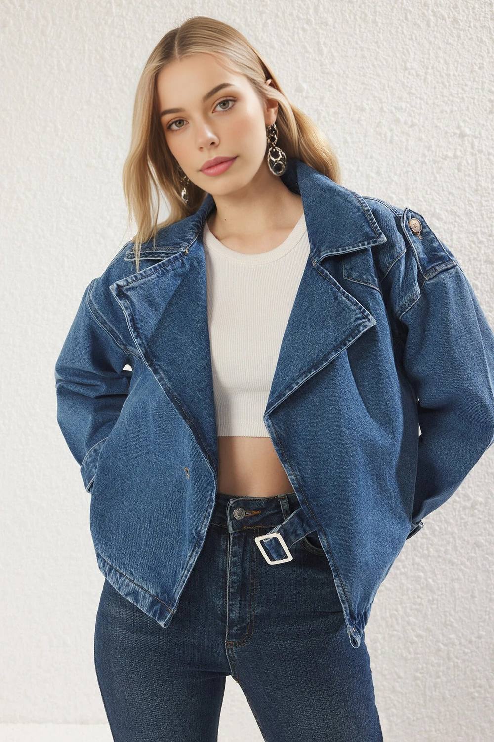 Wovcor Oversized Denim Biker Style Jacket With Wide Lapel In Blue Wovcor Oversized Denim Biker Style Jacket With Wide Lapel In Blue