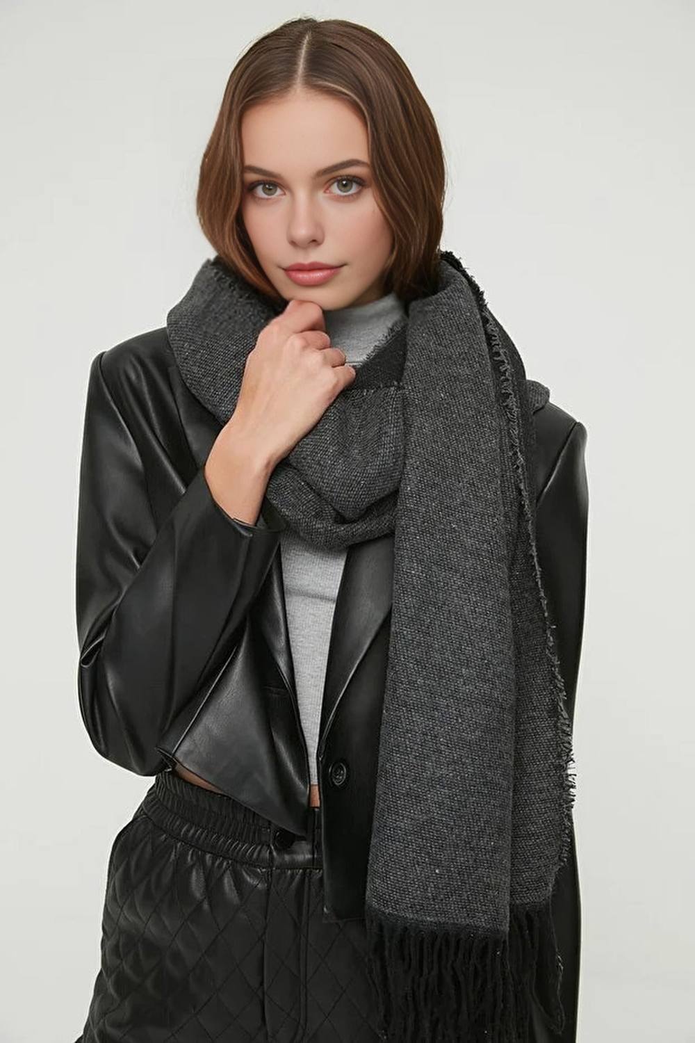 Wovcor Soft Woven Winter Scarf With Textured Finish In Dark Grey