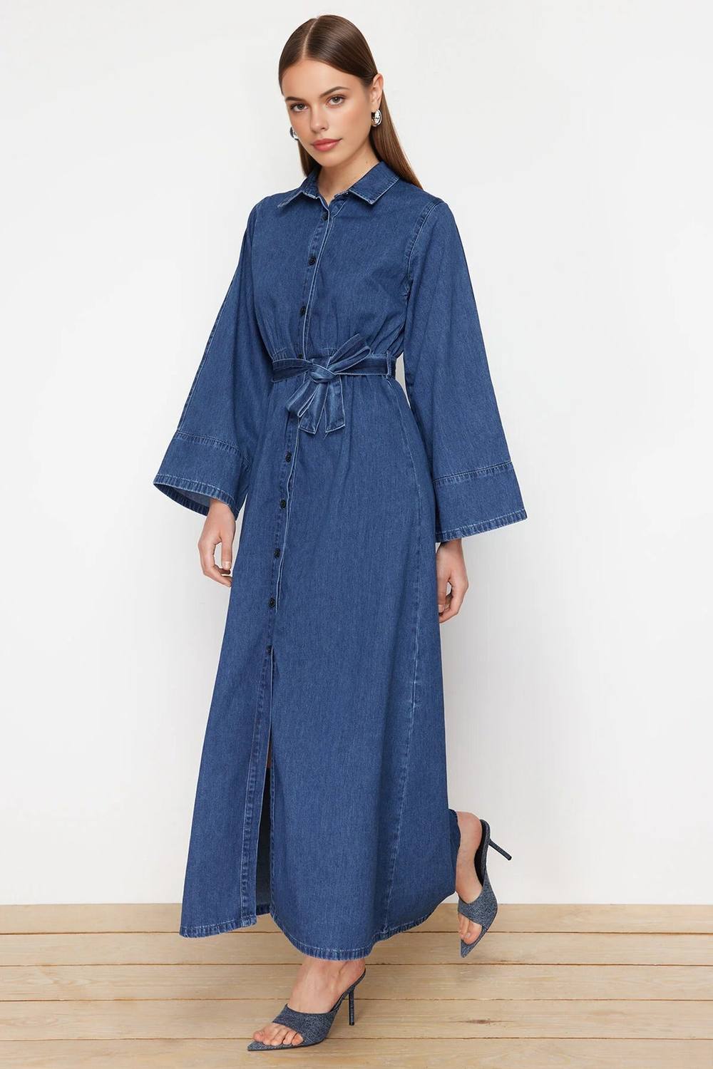 Wovcor Belted Button Front Denim Maxi Shirt Dress In Blue Wovcor Belted Button Front Denim Maxi Shirt Dress In Blue