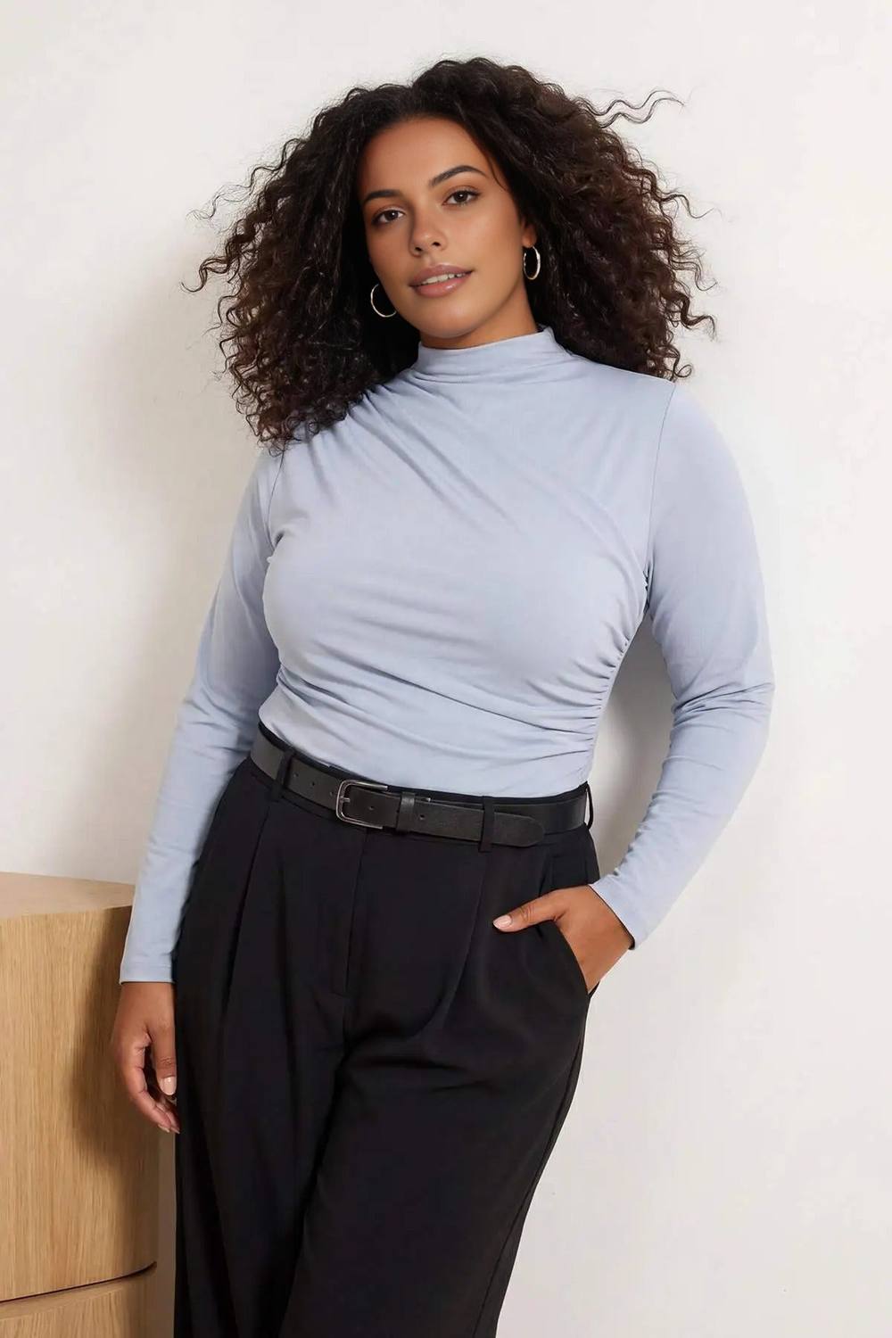 Wovcor High Neck Draped Long Sleeve Top In Pale Blue Wovcor High Neck Draped Long Sleeve Top In Pale Blue