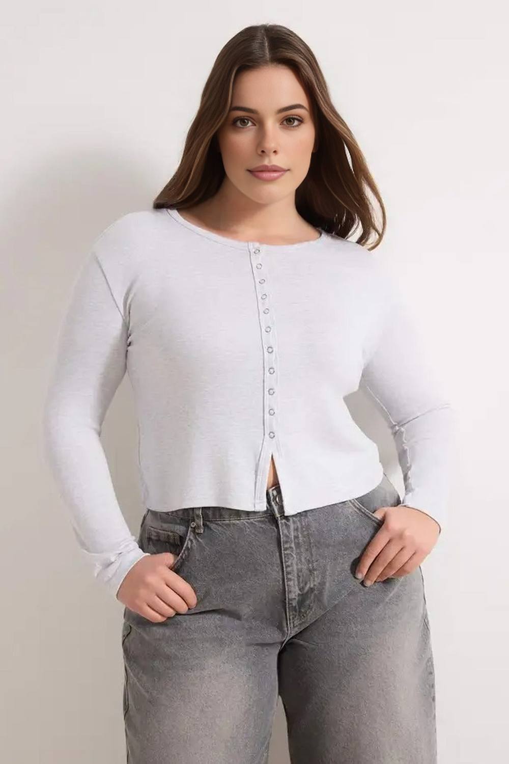 Wovcor Button Detail Ribbed Long Sleeve Fitted Top In Grey Wovcor Button Detail Ribbed Long Sleeve Fitted Top In Grey