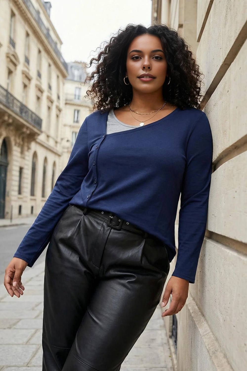 Wovcor Asymmetric Button Detail Long Sleeve Layered Top In Navy Wovcor Asymmetric Button Detail Long Sleeve Layered Top In Navy