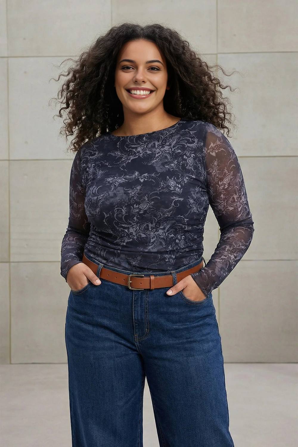 Wovcor Printed Mesh Long Sleeve Fitted Top Wovcor Printed Mesh Long Sleeve Fitted Top