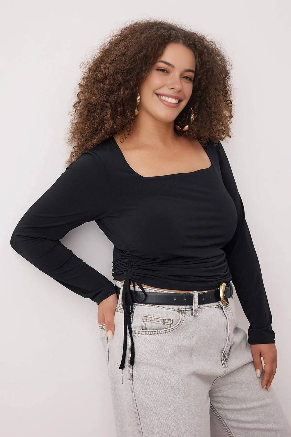Wovcor Square Neck Ruched Detail Long Sleeve Fitted Top In Black Wovcor Square Neck Ruched Detail Long Sleeve Fitted Top In Black