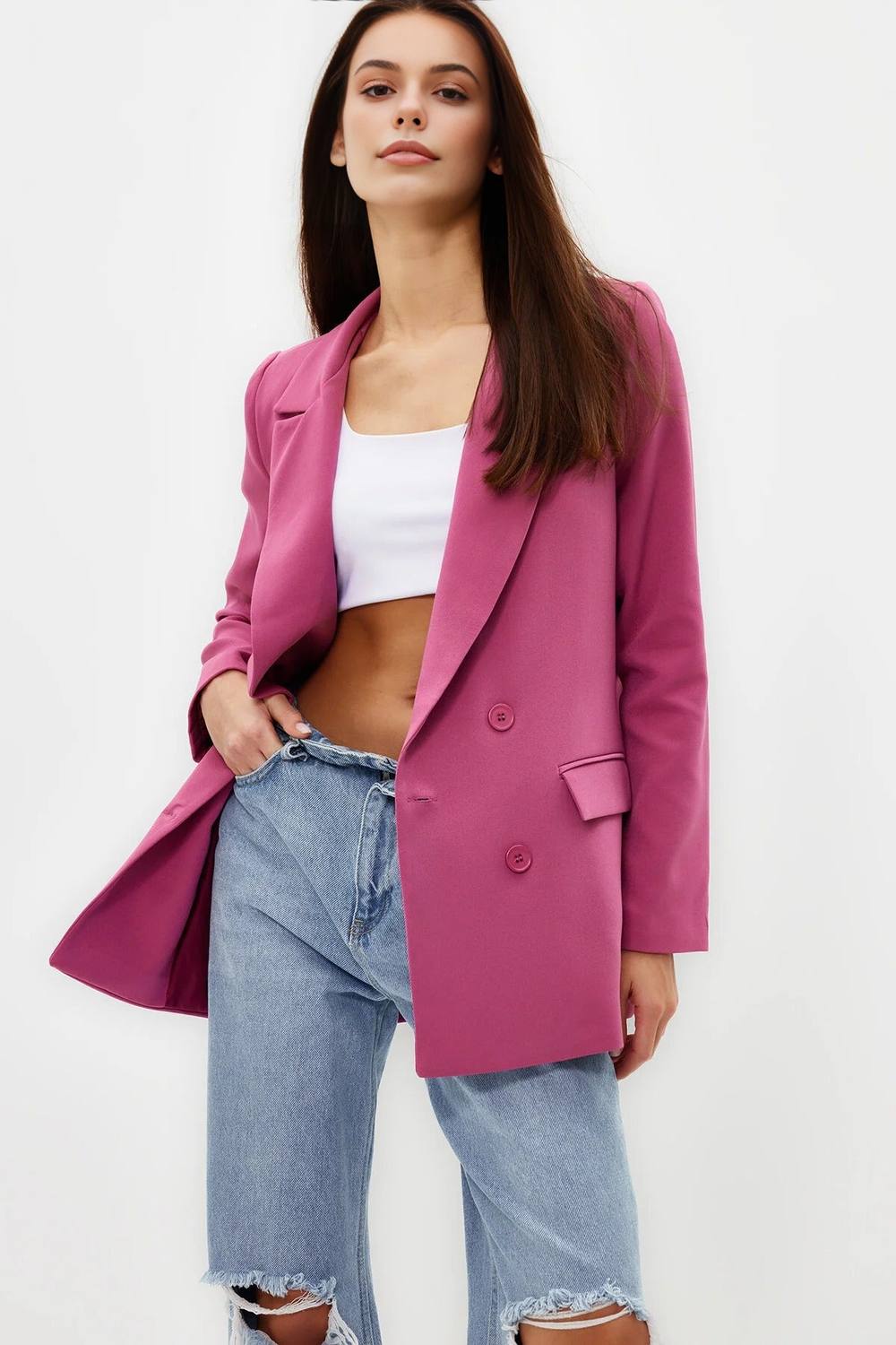 Wovcor Lined Woven Blazer Jacket With Button Detail In Pink Wovcor Lined Woven Blazer Jacket With Button Detail In Pink
