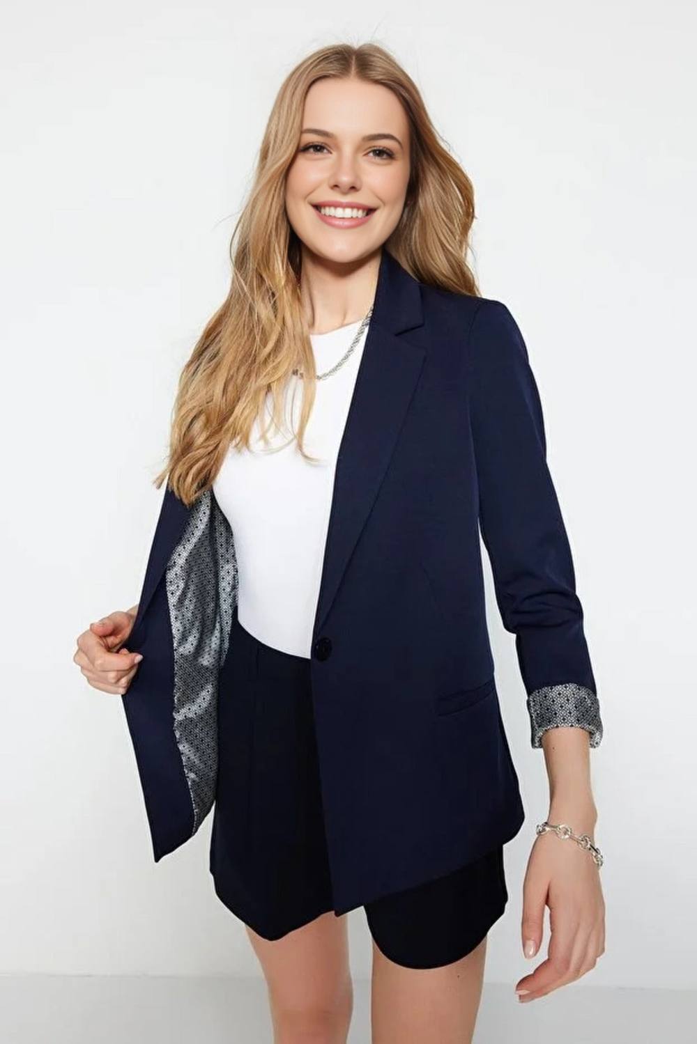 Wovcor Single-Breasted Tailored Woven Blazer Jacket In Navy Wovcor Single-Breasted Tailored Woven Blazer Jacket In Navy