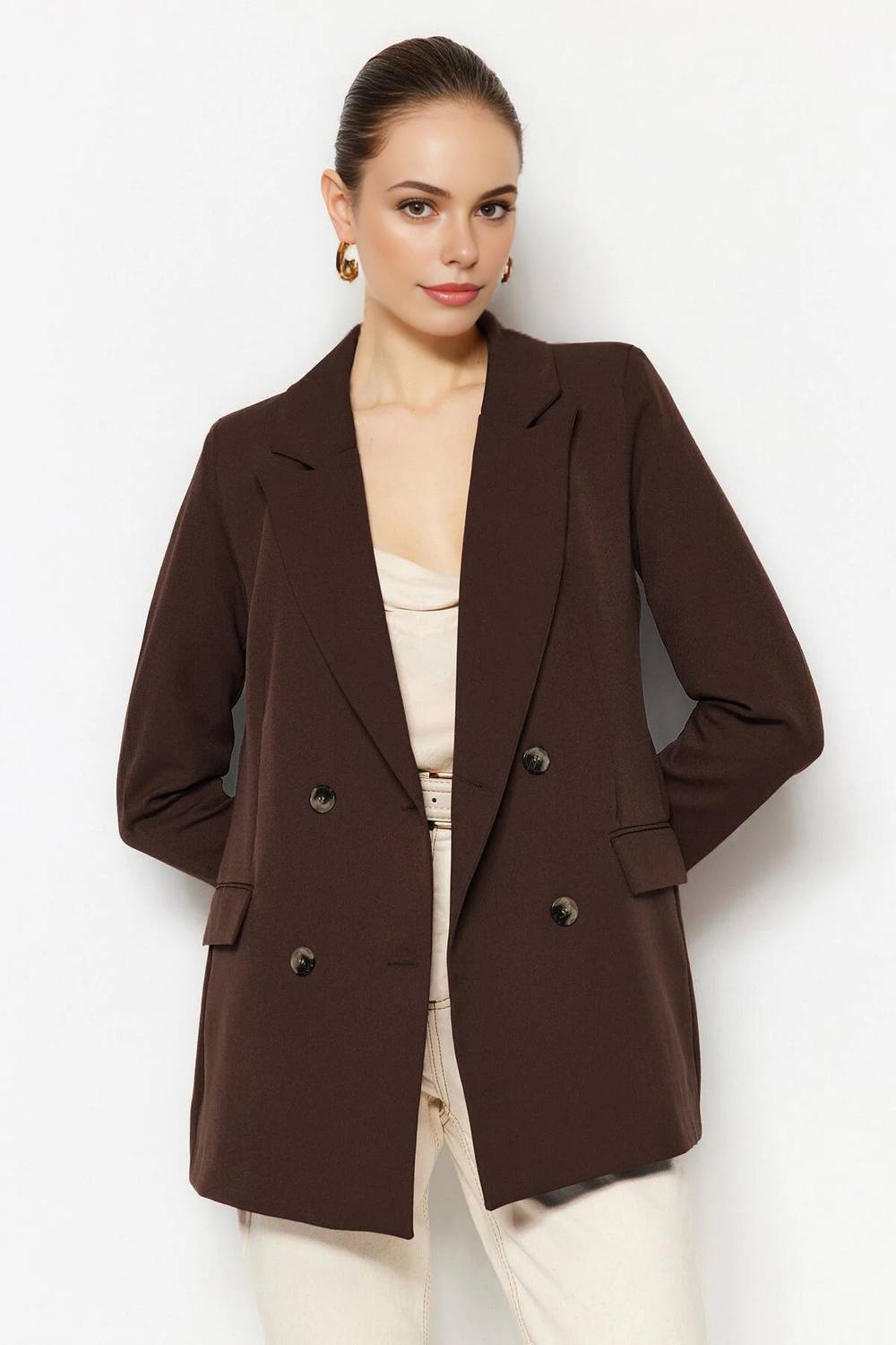 Wovcor Oversized Double-Breasted Tailored Woven Blazer Jacket In Brown Wovcor Oversized Double-Breasted Tailored Woven Blazer Jacket In Brown